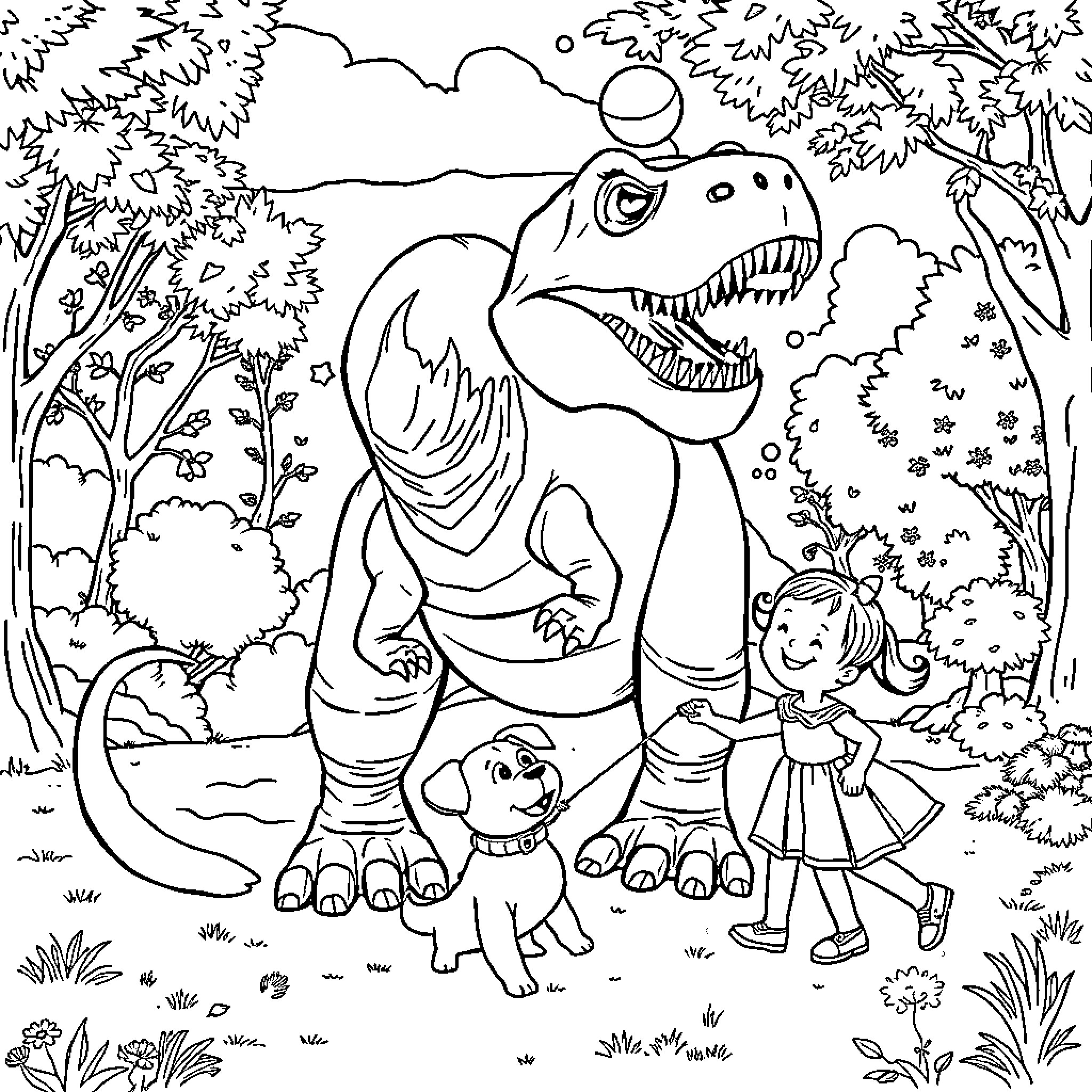 T-Rex roaming the jungle with girl and pet Coloring Page (free black-and-white line drawing printable PDF for all, from beginners to advanced learners, including children, teens, adults, and seniors)