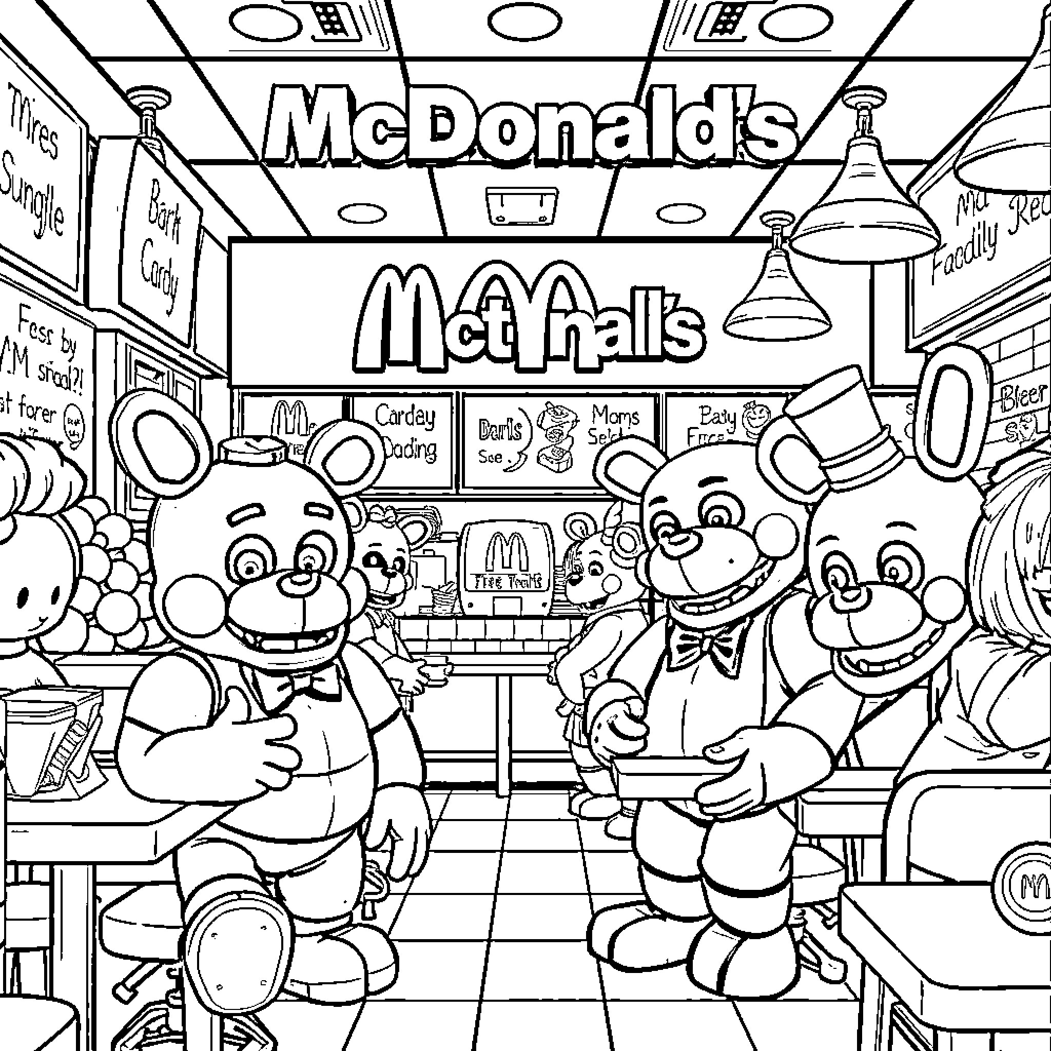 Freddy and friends at the McDonald's restaurant Coloring Page (free black-and-white line drawing printable PDF for all, from beginners to advanced learners, including children, teens, adults, and seniors)