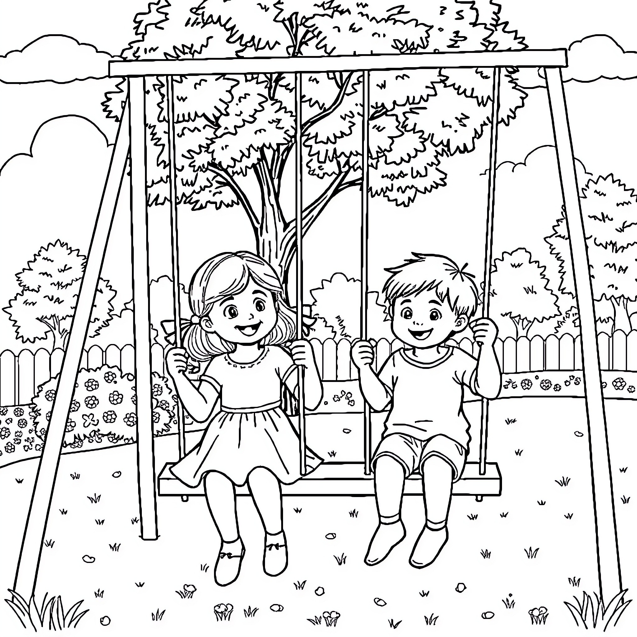 Siblings enjoying a day at the park Coloring Page (free black-and-white line drawing printable PDF for all, from beginners to advanced learners, including children, teens, adults, and seniors)