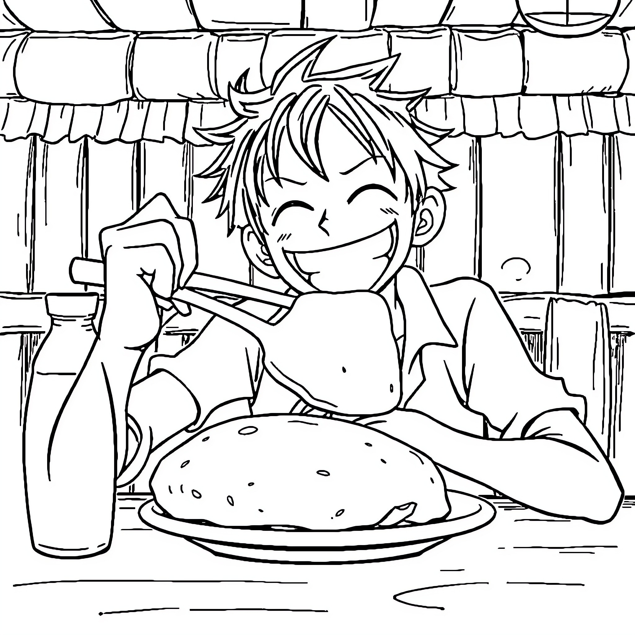 Monkey D Luffy enjoying a hearty meal Coloring Page (free black-and-white line drawing printable PDF for all, from beginners to advanced learners, including children, teens, adults, and seniors)