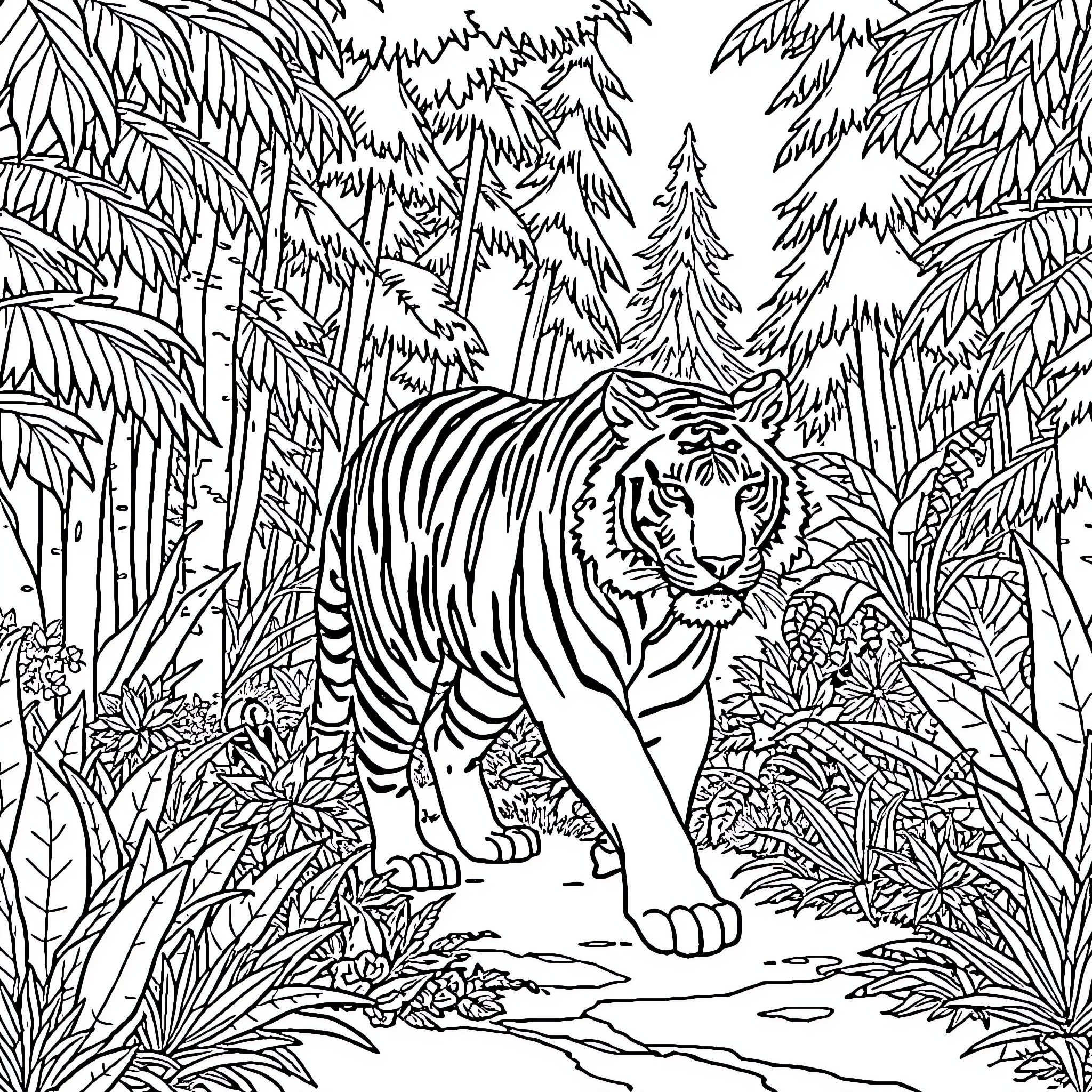 Tiger roaming the lush forest Coloring Page (free black-and-white line drawing printable PDF for all, from beginners to advanced learners, including children, teens, adults, and seniors)
