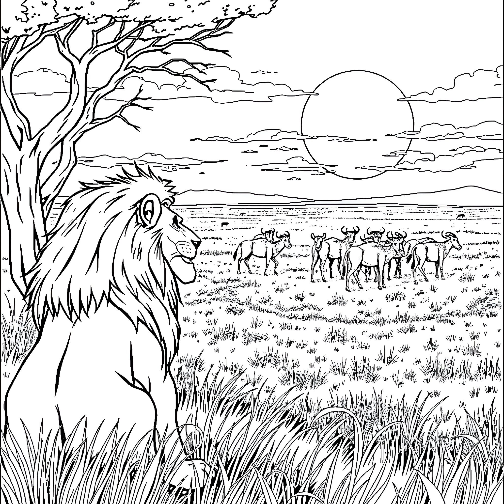 Lion observing herd in serene landscape Coloring Page (free black-and-white line drawing printable PDF for all, from beginners to advanced learners, including children, teens, adults, and seniors)