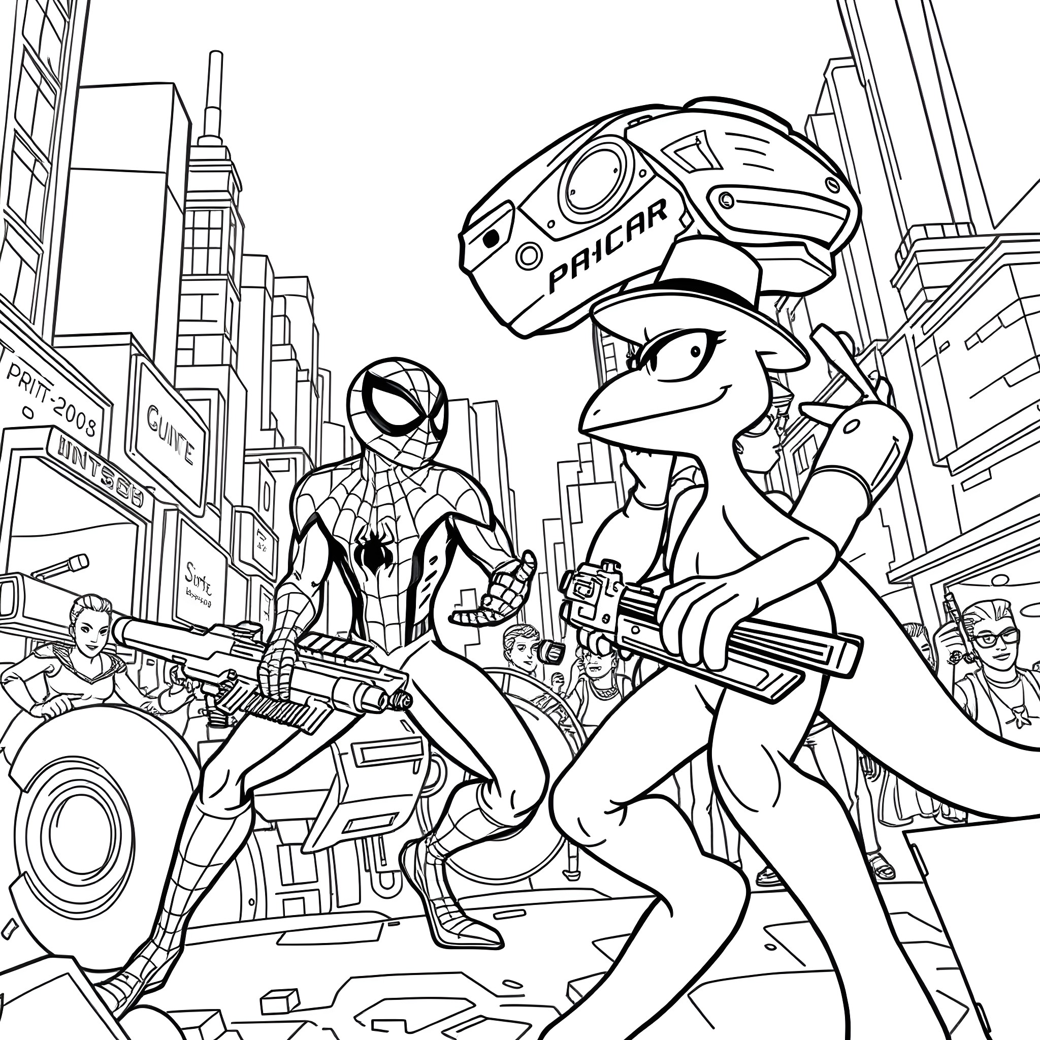 Spidey Tackles Villains in Futuristic City Coloring Page (free black-and-white line drawing printable PDF for all, from beginners to advanced learners, including children, teens, adults, and seniors)