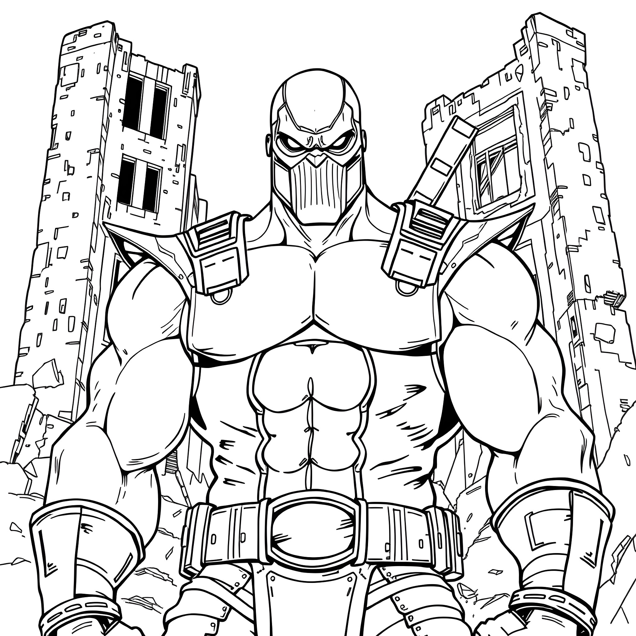 Bane's Powerful Presence in Dystopian Cityscape Coloring Page (free black-and-white line drawing printable PDF for all, from beginners to advanced learners, including children, teens, adults, and seniors)