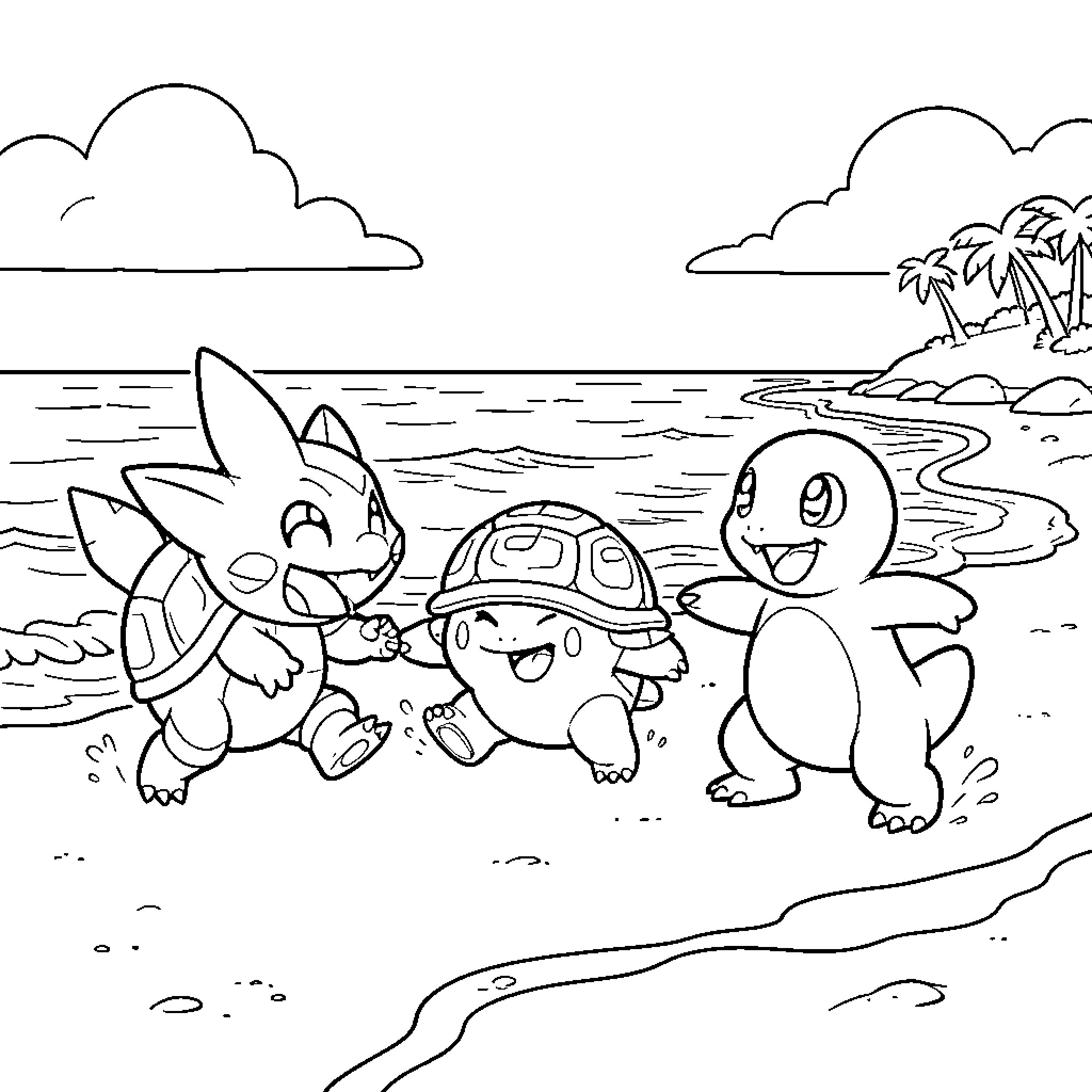Bulbizarre and friends playing happily on the beach Coloring Page (free black-and-white line drawing printable PDF for all, from beginners to advanced learners, including children, teens, adults, and seniors)