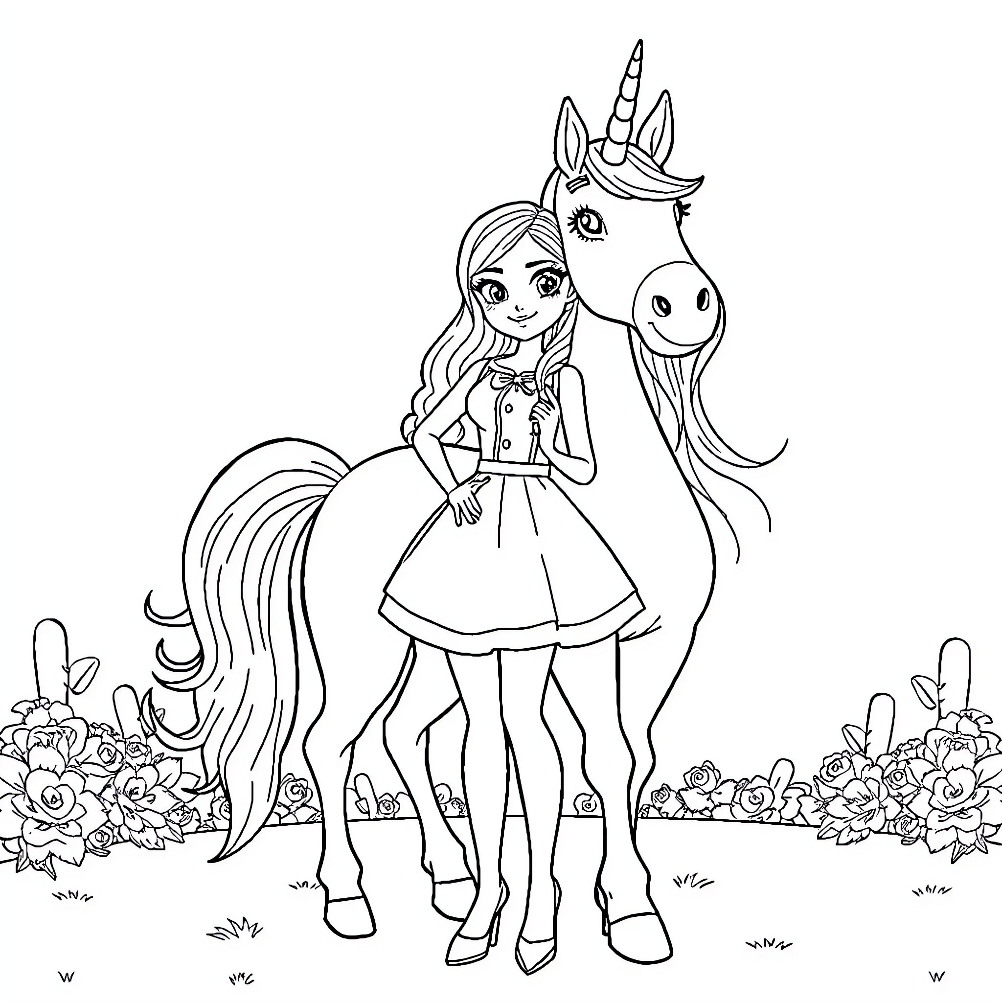 Valentina and her Magical Unicorn Friend Coloring Page (free black-and-white line drawing printable PDF for all, from beginners to advanced learners, including children, teens, adults, and seniors)