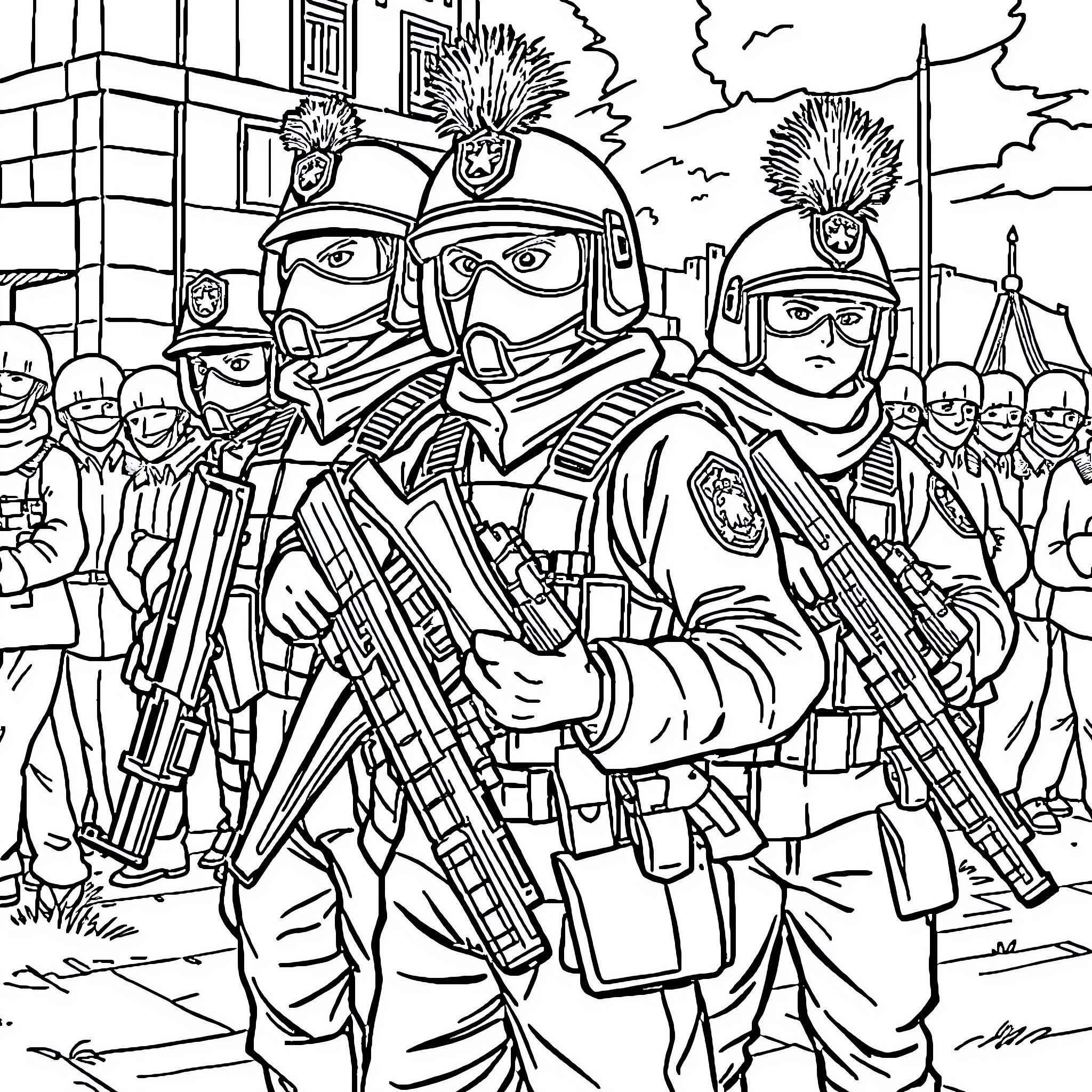 Loyalist Paramilitary Forces Assembling for Action Coloring Page (free black-and-white line drawing printable PDF for all, from beginners to advanced learners, including children, teens, adults, and seniors)