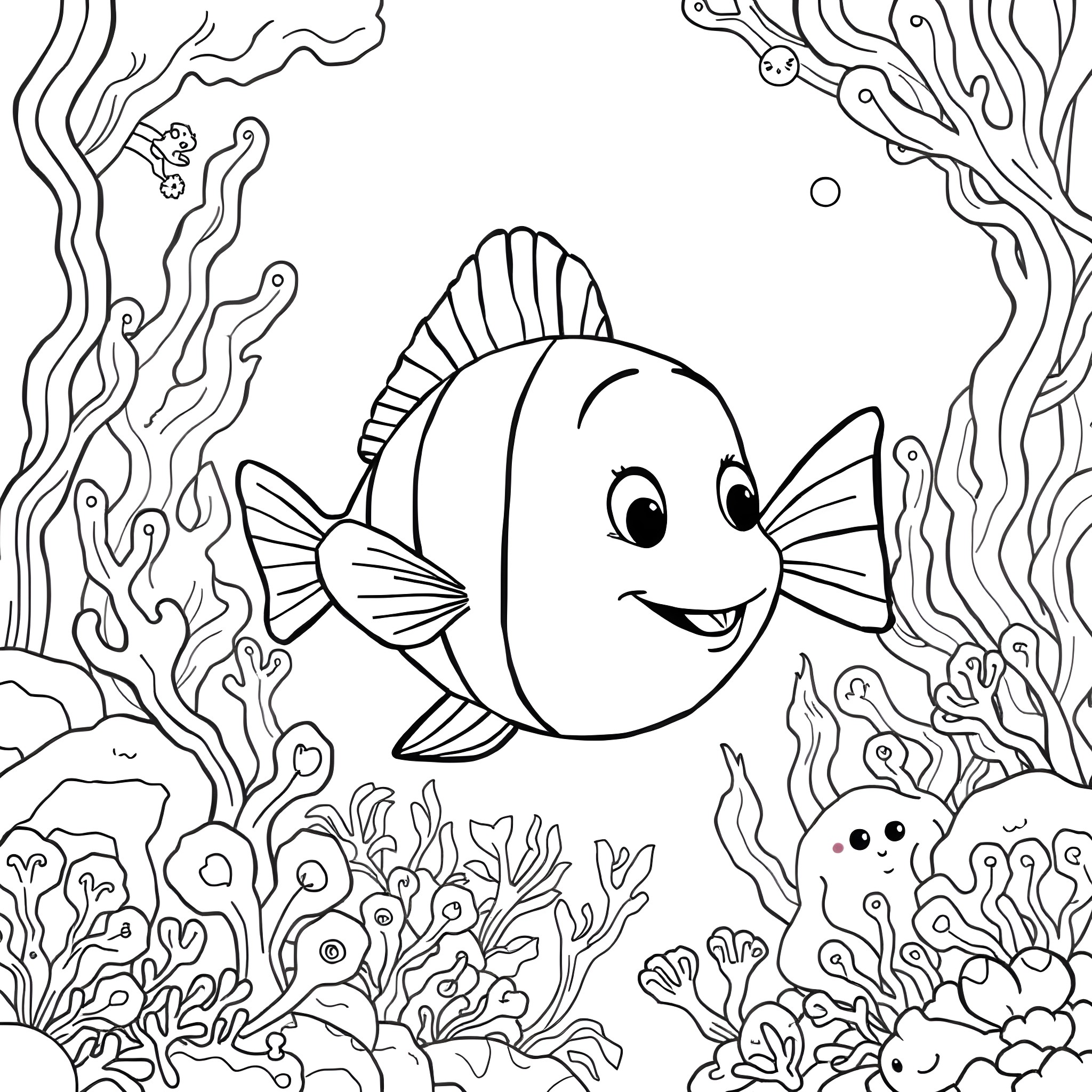 Flounder exploring the underwater coral reef Coloring Page (free black-and-white line drawing printable PDF for all, from beginners to advanced learners, including children, teens, adults, and seniors)