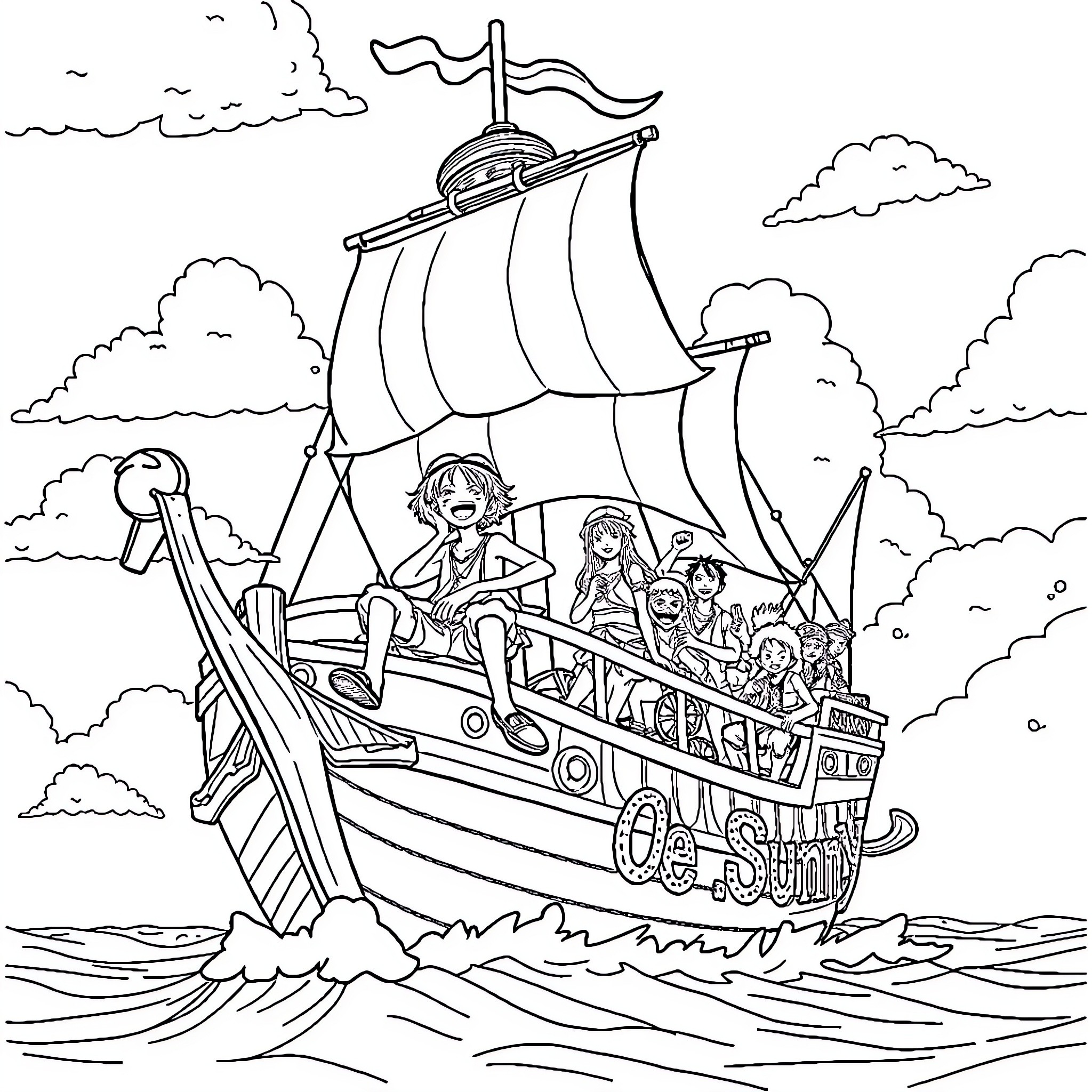 Luffy's Pirate Adventure on the High Seas Coloring Page (free black-and-white line drawing printable PDF for all, from beginners to advanced learners, including children, teens, adults, and seniors)