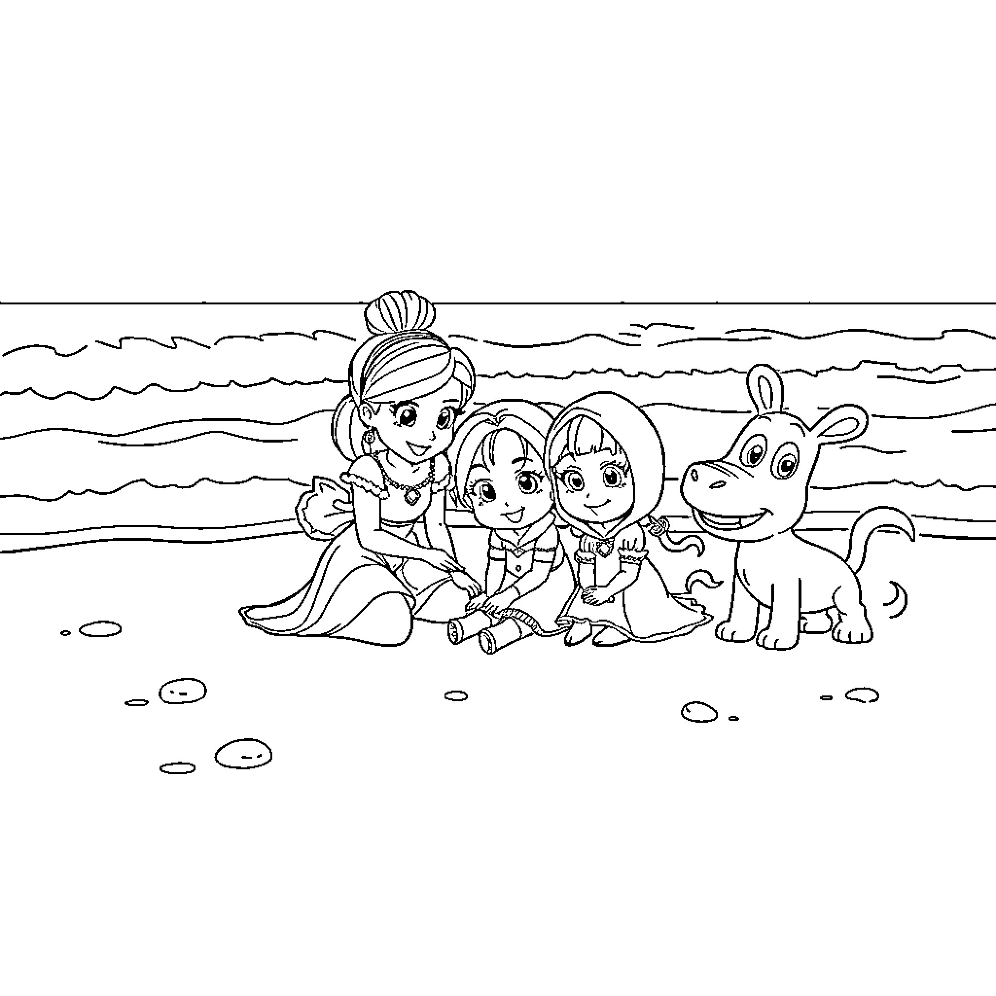 Cinderella and friends explore the beach Coloring Page (free black-and-white line drawing printable PDF for all, from beginners to advanced learners, including children, teens, adults, and seniors)