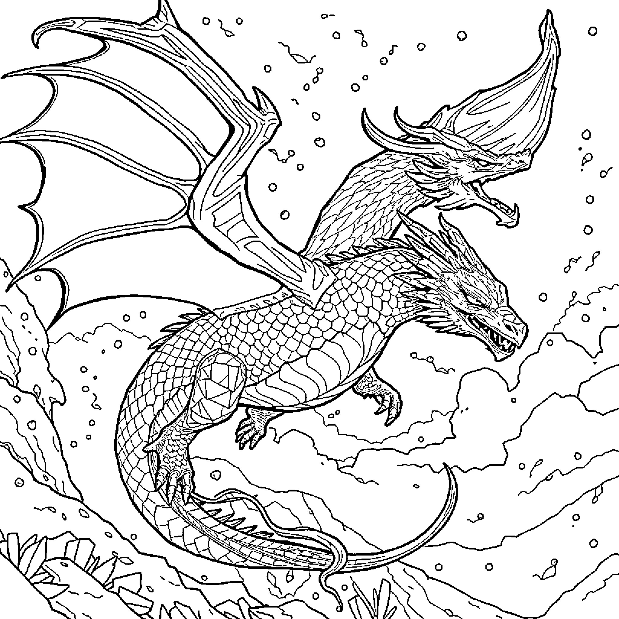 Ice Dragon soaring through a magical winter landscape Coloring Page (free black-and-white line drawing printable PDF for all, from beginners to advanced learners, including children, teens, adults, and seniors)