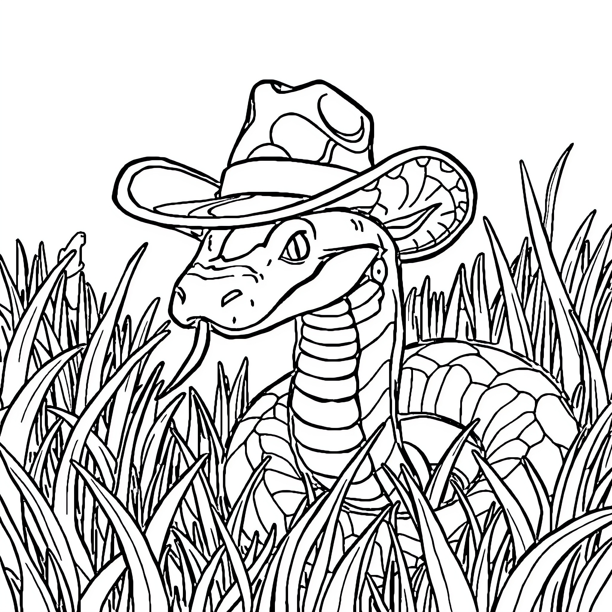 Viper in cowboy hat exploring grassy field Coloring Page (free black-and-white line drawing printable PDF for all, from beginners to advanced learners, including children, teens, adults, and seniors)