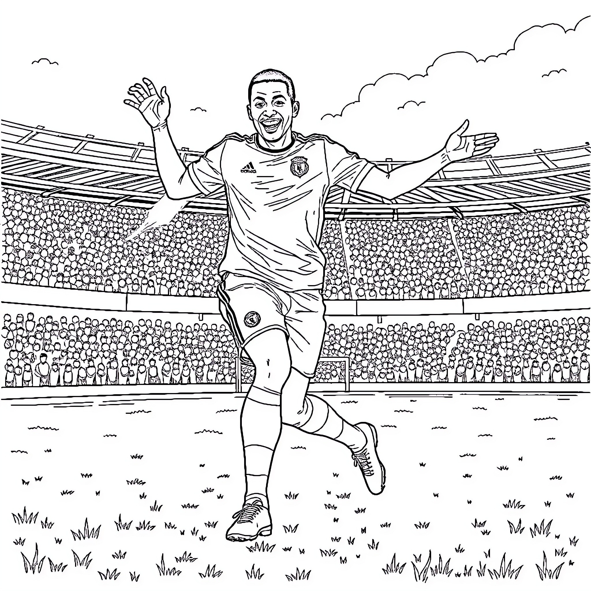 Mbappe Celebrates Goal in Stadium Coloring Page (free black-and-white line drawing printable PDF for all, from beginners to advanced learners, including children, teens, adults, and seniors)