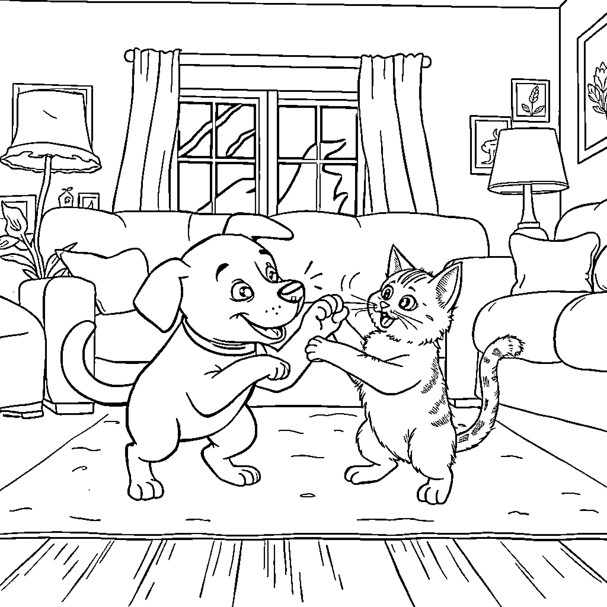 Dog and cat playing together in the living room Coloring Page (free black-and-white line drawing printable PDF for all, from beginners to advanced learners, including children, teens, adults, and seniors)