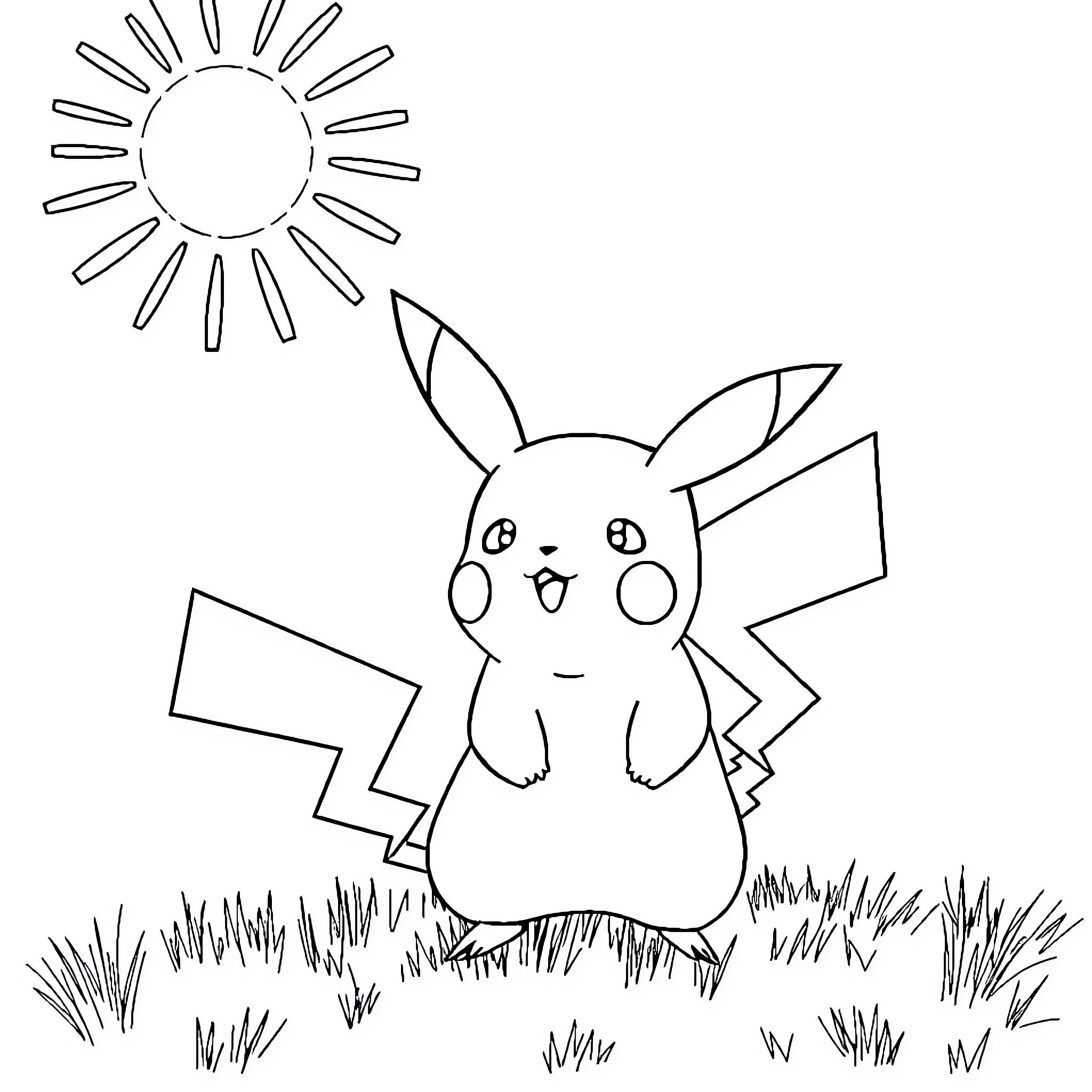 Pikachu playing happily in the sun Coloring Page (free black-and-white line drawing printable PDF for all, from beginners to advanced learners, including children, teens, adults, and seniors)