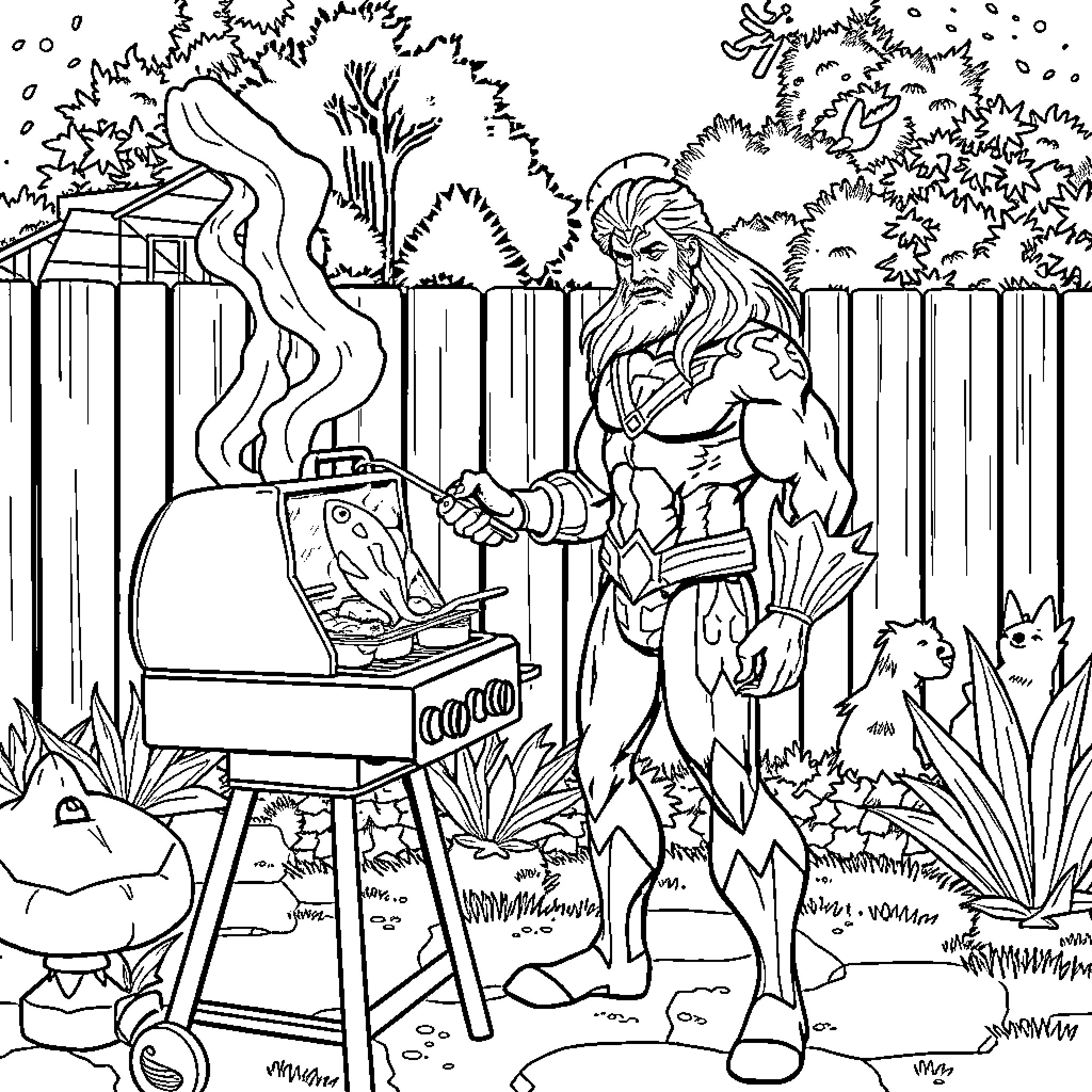 Aquaman grilling outdoors in a lush forest Coloring Page (free black-and-white line drawing printable PDF for all, from beginners to advanced learners, including children, teens, adults, and seniors)