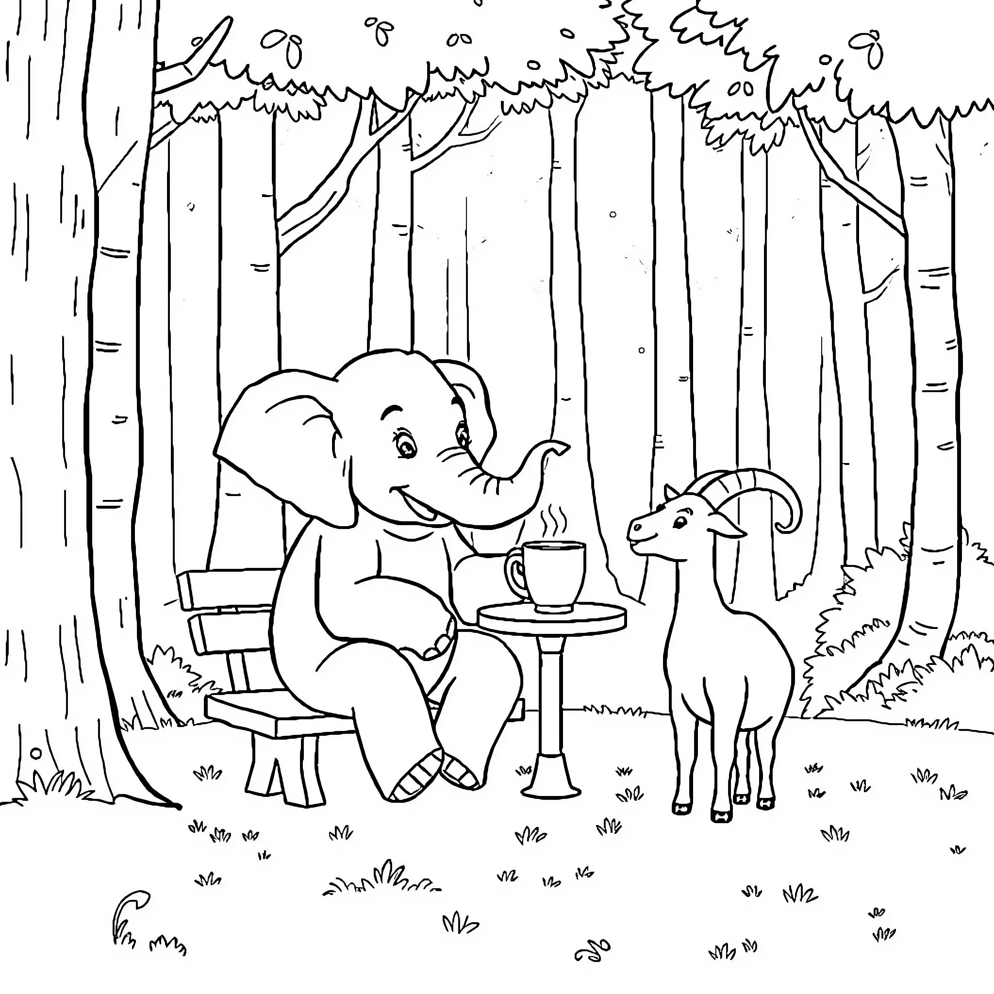 Elephant sharing tea with a goat in the forest Coloring Page (free black-and-white line drawing printable PDF for all, from beginners to advanced learners, including children, teens, adults, and seniors)