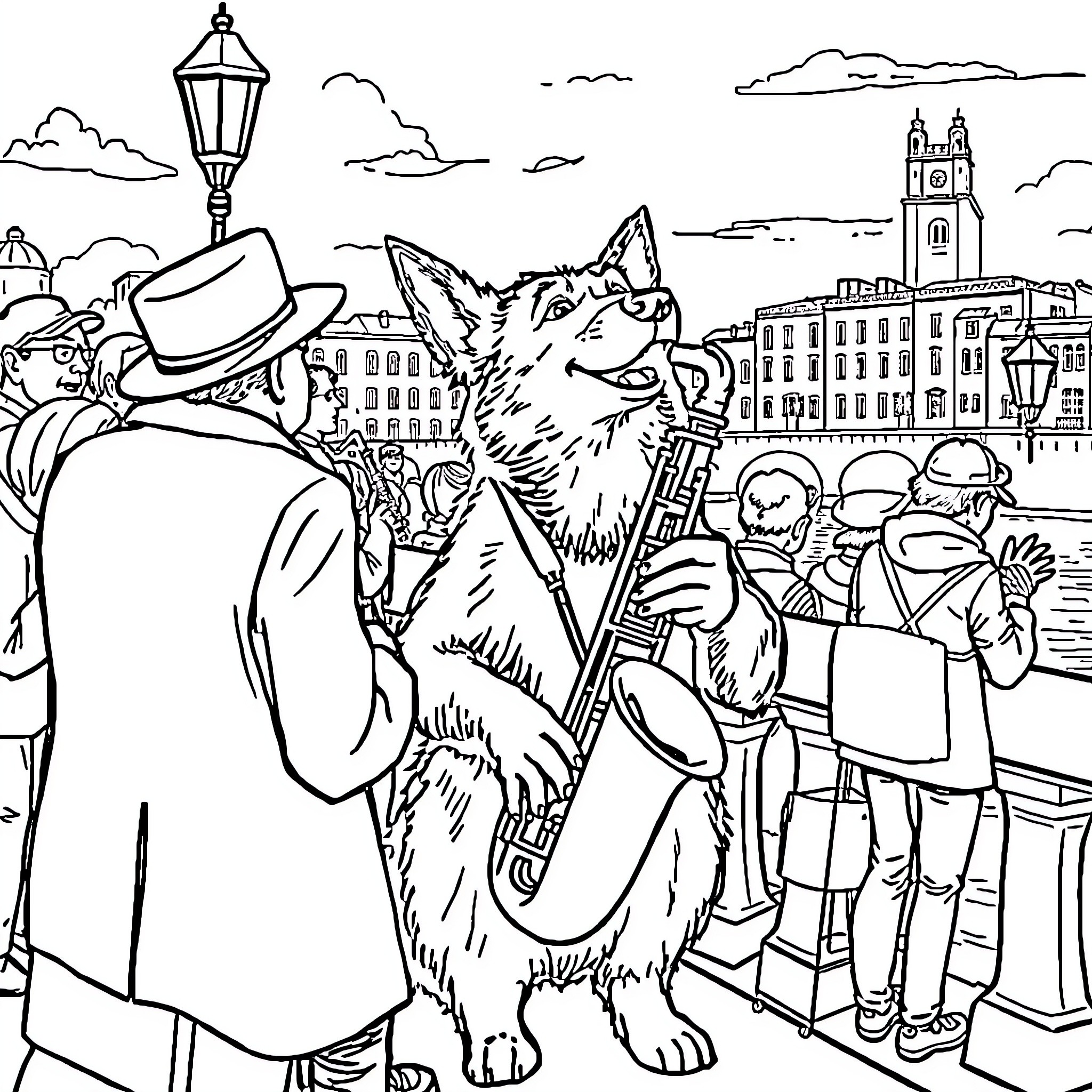 Dog in costume with street performers Coloring Page (free black-and-white line drawing printable PDF for all, from beginners to advanced learners, including children, teens, adults, and seniors)