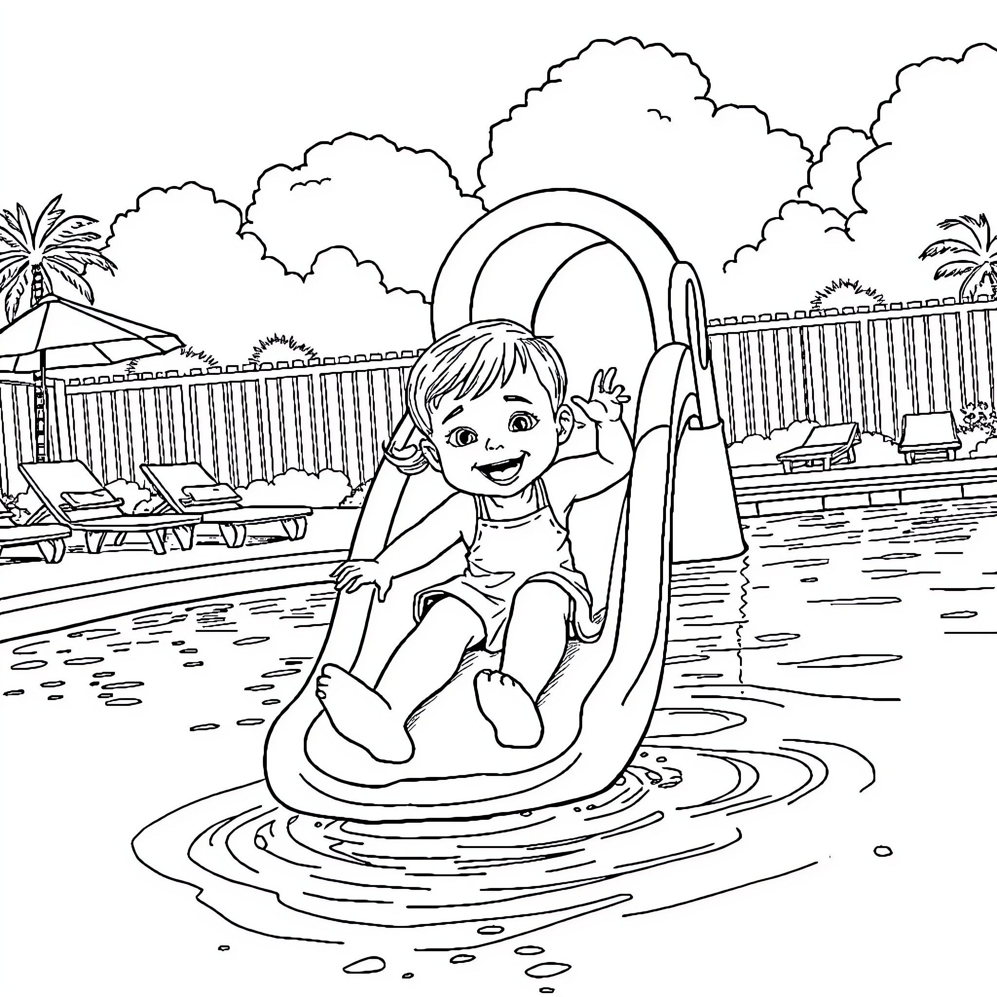 Girl sliding into the pool on a hot summer day Coloring Page (free black-and-white line drawing printable PDF for all, from beginners to advanced learners, including children, teens, adults, and seniors)