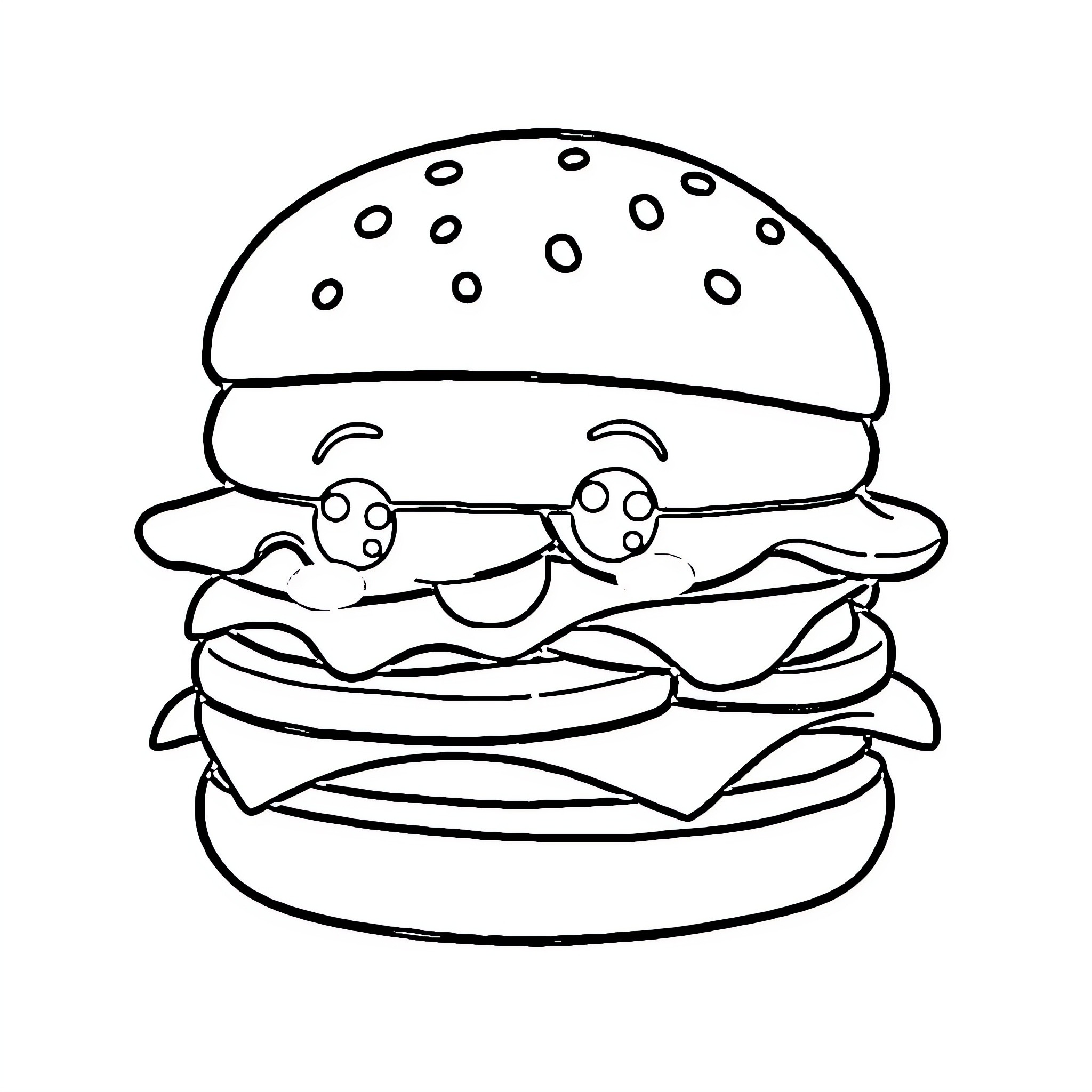 Hamburger with funny eyes and expressions Coloring Page (free black-and-white line drawing printable PDF for all, from beginners to advanced learners, including children, teens, adults, and seniors)