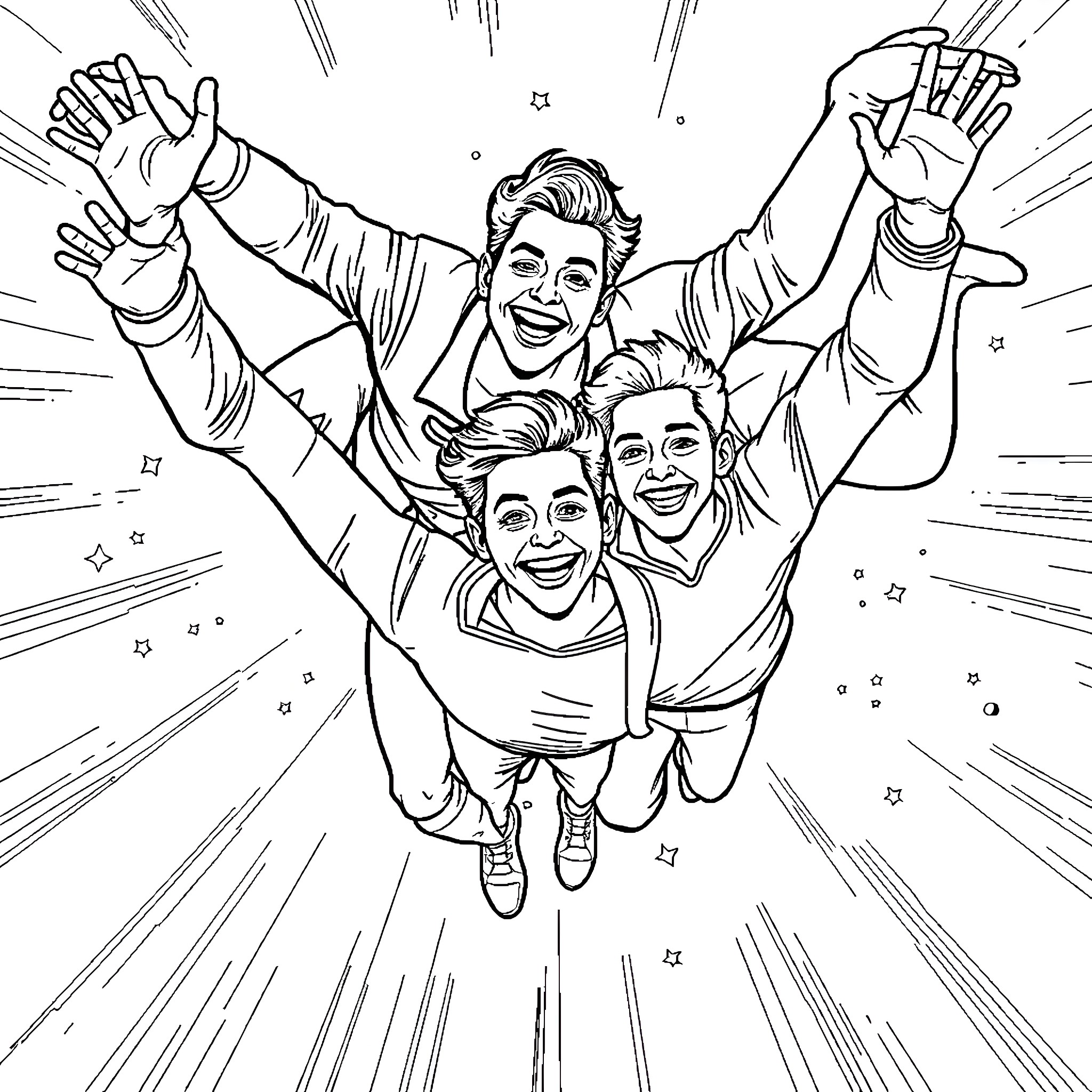 Man celebrating with friends in dynamic scene Coloring Page (free black-and-white line drawing printable PDF for all, from beginners to advanced learners, including children, teens, adults, and seniors)