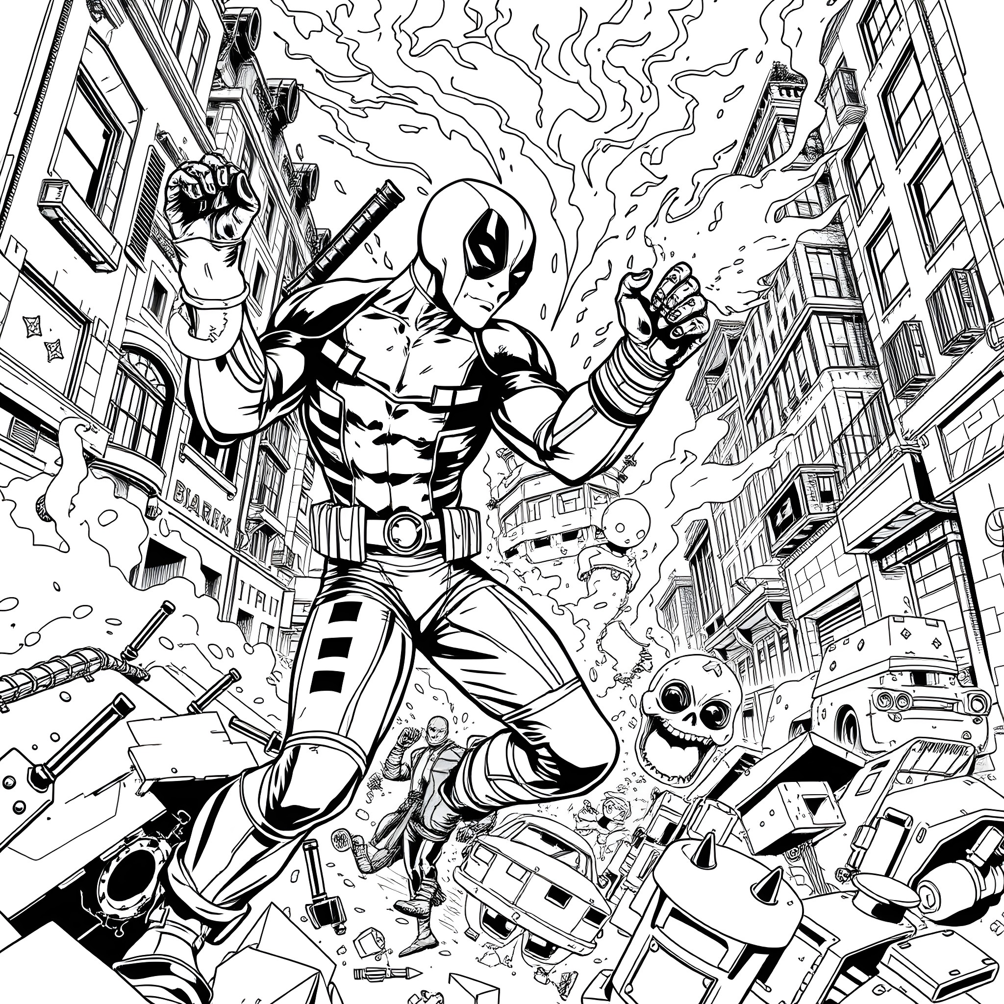 Deadpool's Chaotic Heroics in the City Coloring Page (free black-and-white line drawing printable PDF for all, from beginners to advanced learners, including children, teens, adults, and seniors)