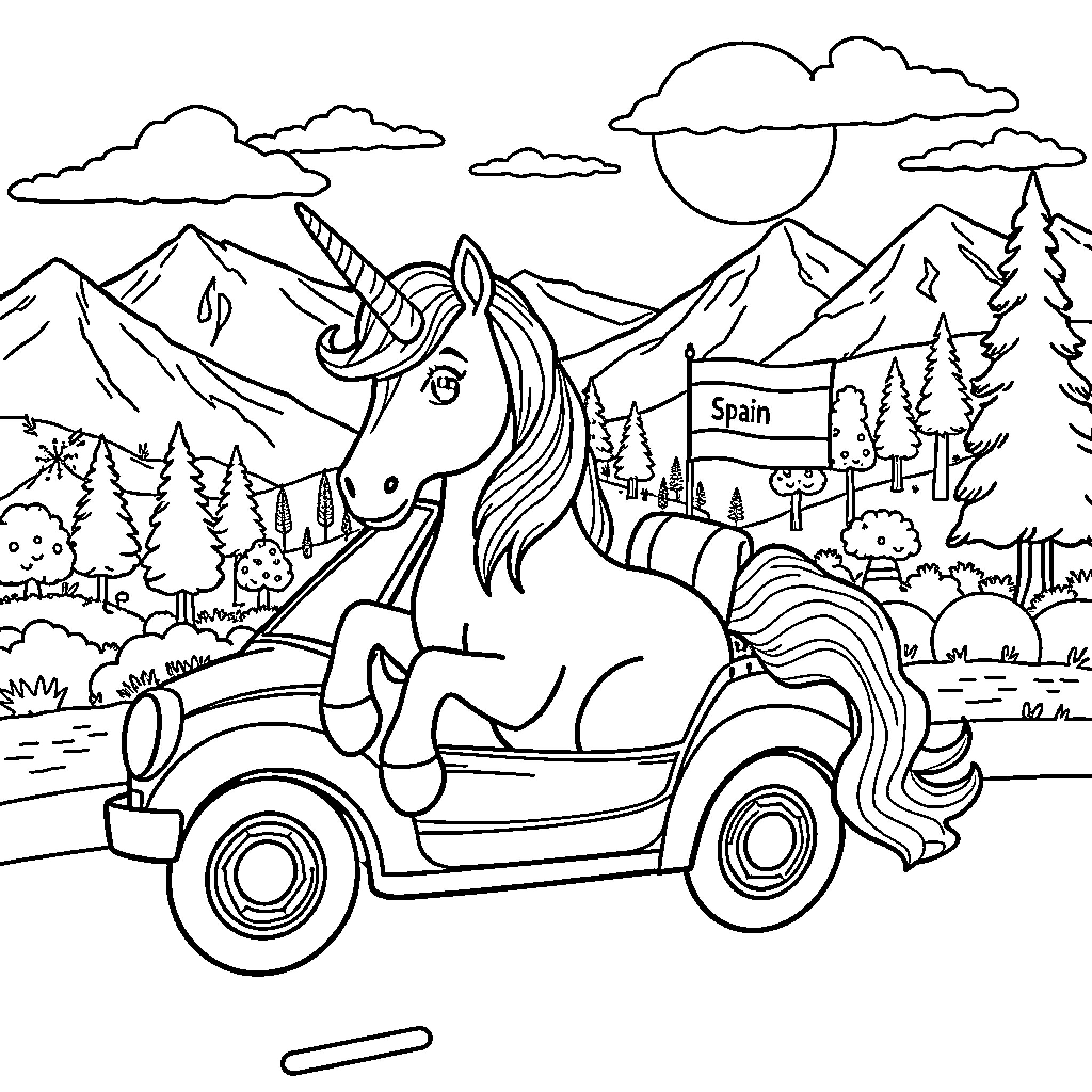 Unicorn riding vintage car through scenic landscape Coloring Page (free black-and-white line drawing printable PDF for all, from beginners to advanced learners, including children, teens, adults, and seniors)