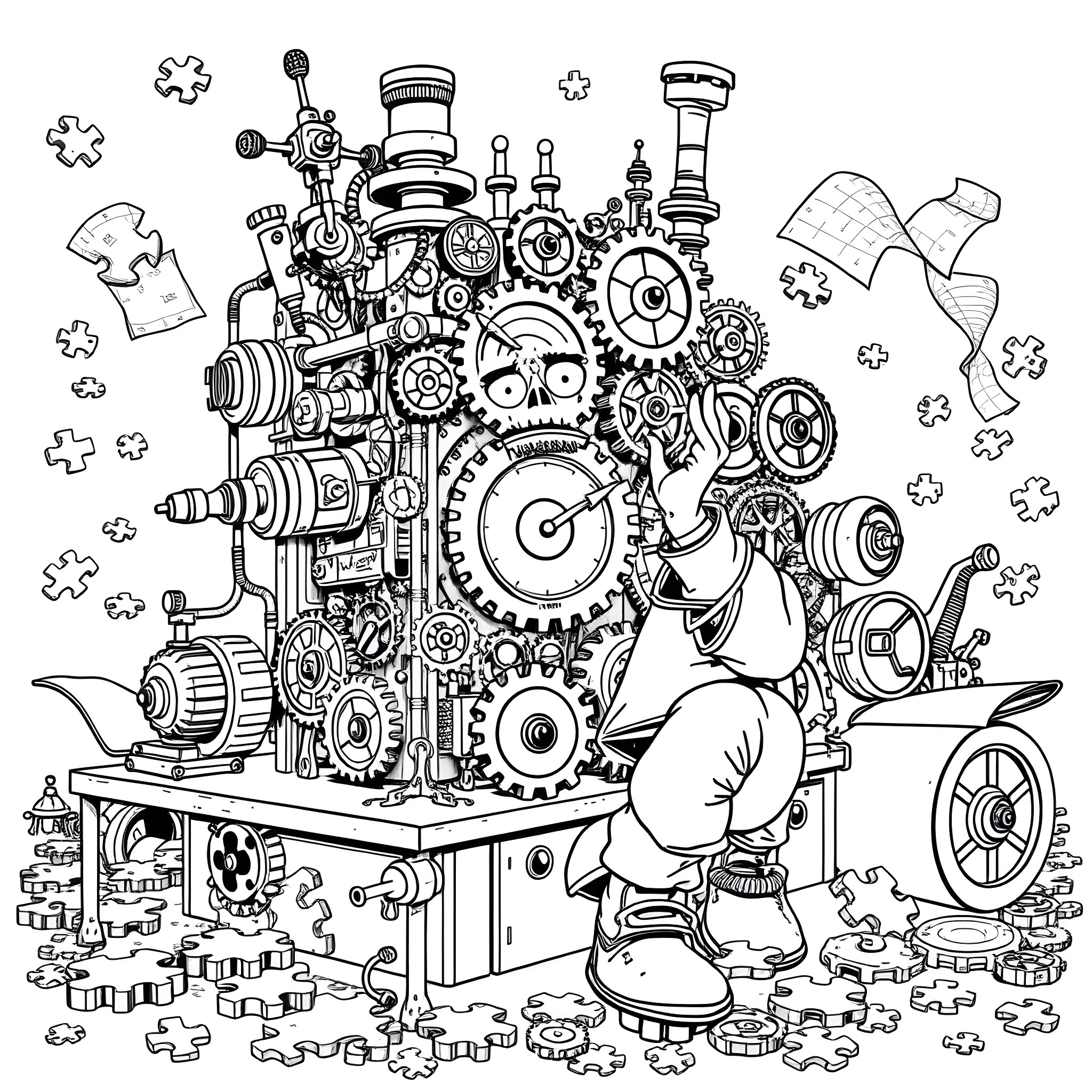 Puzzle Machine: Whimsical Mechanical Contraption Coloring Page (free black-and-white line drawing printable PDF for all, from beginners to advanced learners, including children, teens, adults, and seniors)
