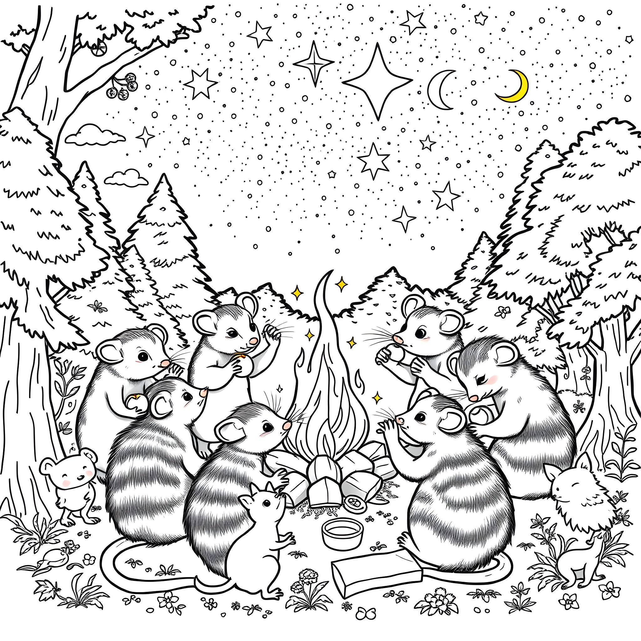 Possum Gathering Around Campfire in the Starry Night Coloring Page (free black-and-white line drawing printable PDF for all, from beginners to advanced learners, including children, teens, adults, and seniors)