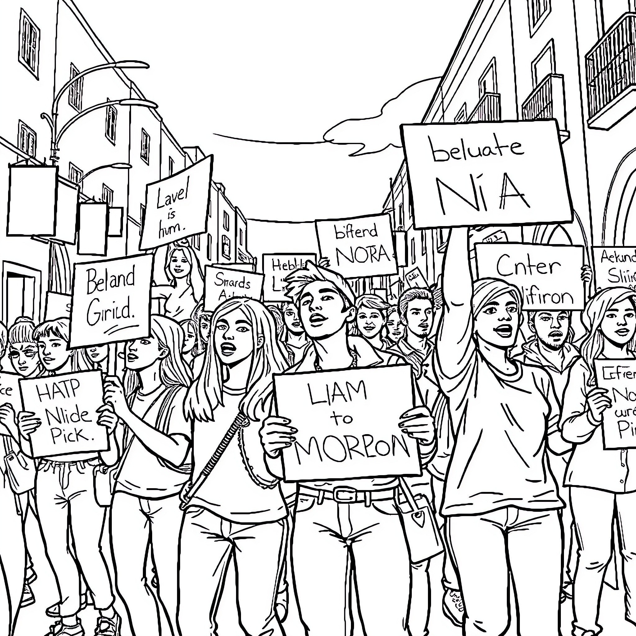 Youth Protesting for Social Justice on the Streets Coloring Page (free black-and-white line drawing printable PDF for all, from beginners to advanced learners, including children, teens, adults, and seniors)