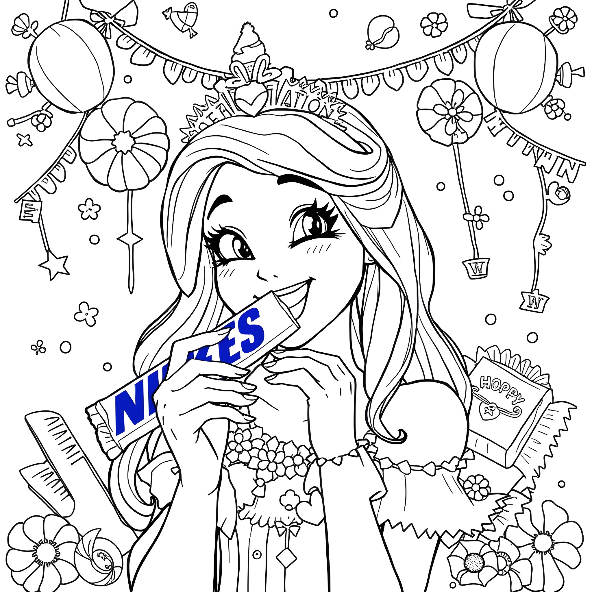 Belle Delphine in a festive party scene Coloring Page (free black-and-white line drawing printable PDF for all, from beginners to advanced learners, including children, teens, adults, and seniors)
