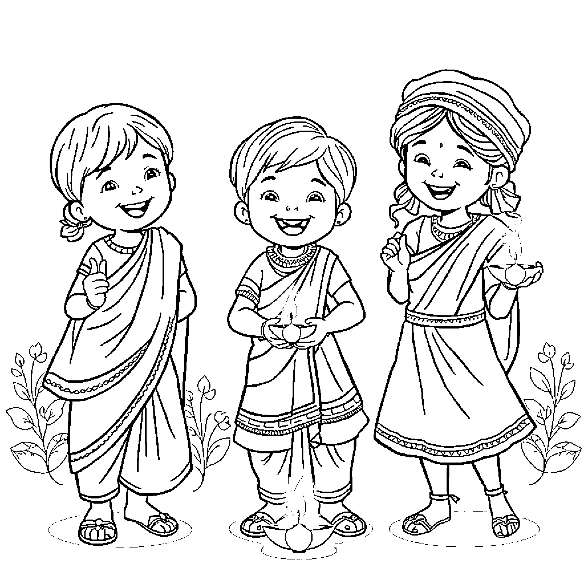 Child Enjoying Traditional Indian Attire and Celebrations Coloring Page (free black-and-white line drawing printable PDF for all, from beginners to advanced learners, including children, teens, adults, and seniors)
