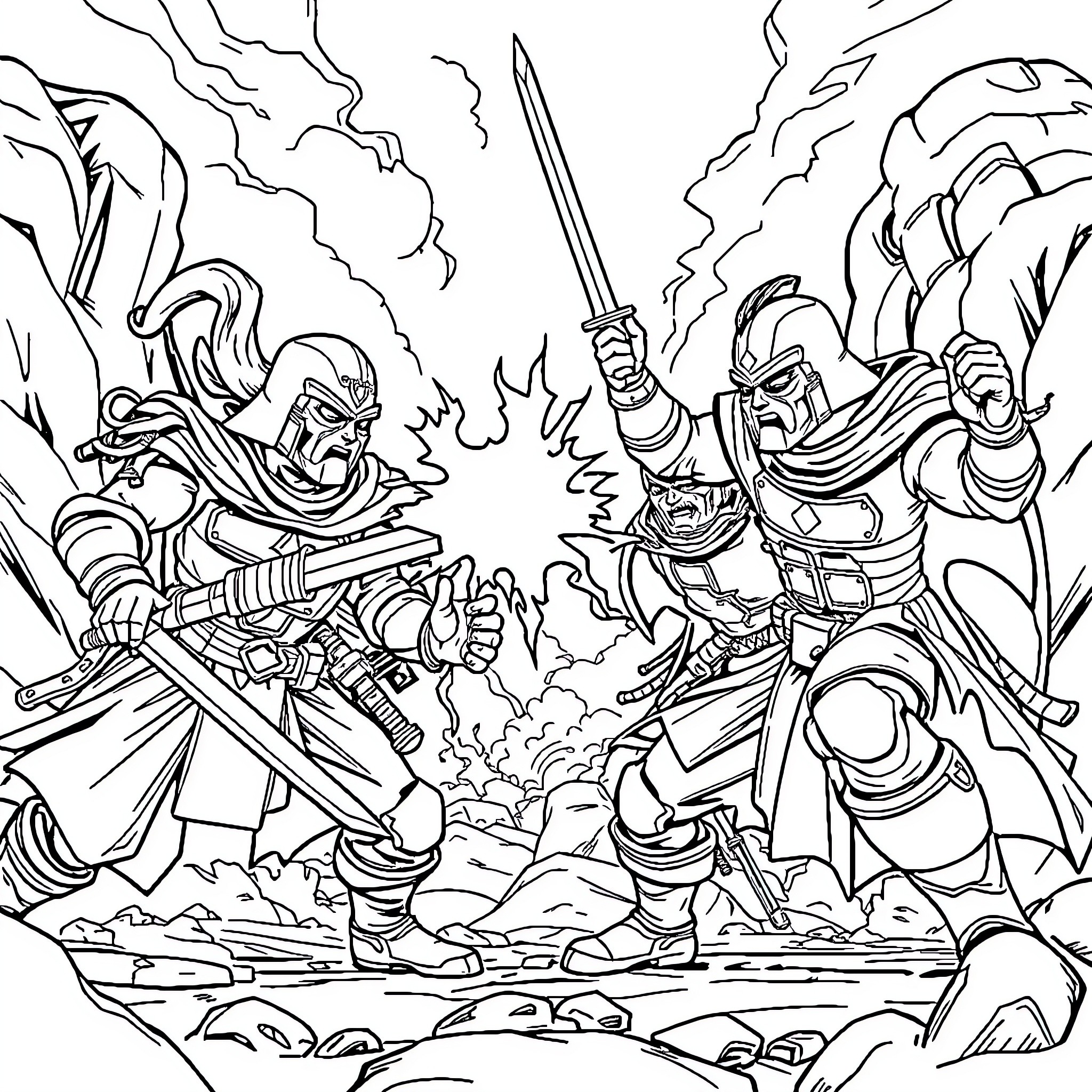 Warrior Clash of Mighty Combatants Coloring Page (free black-and-white line drawing printable PDF for all, from beginners to advanced learners, including children, teens, adults, and seniors)