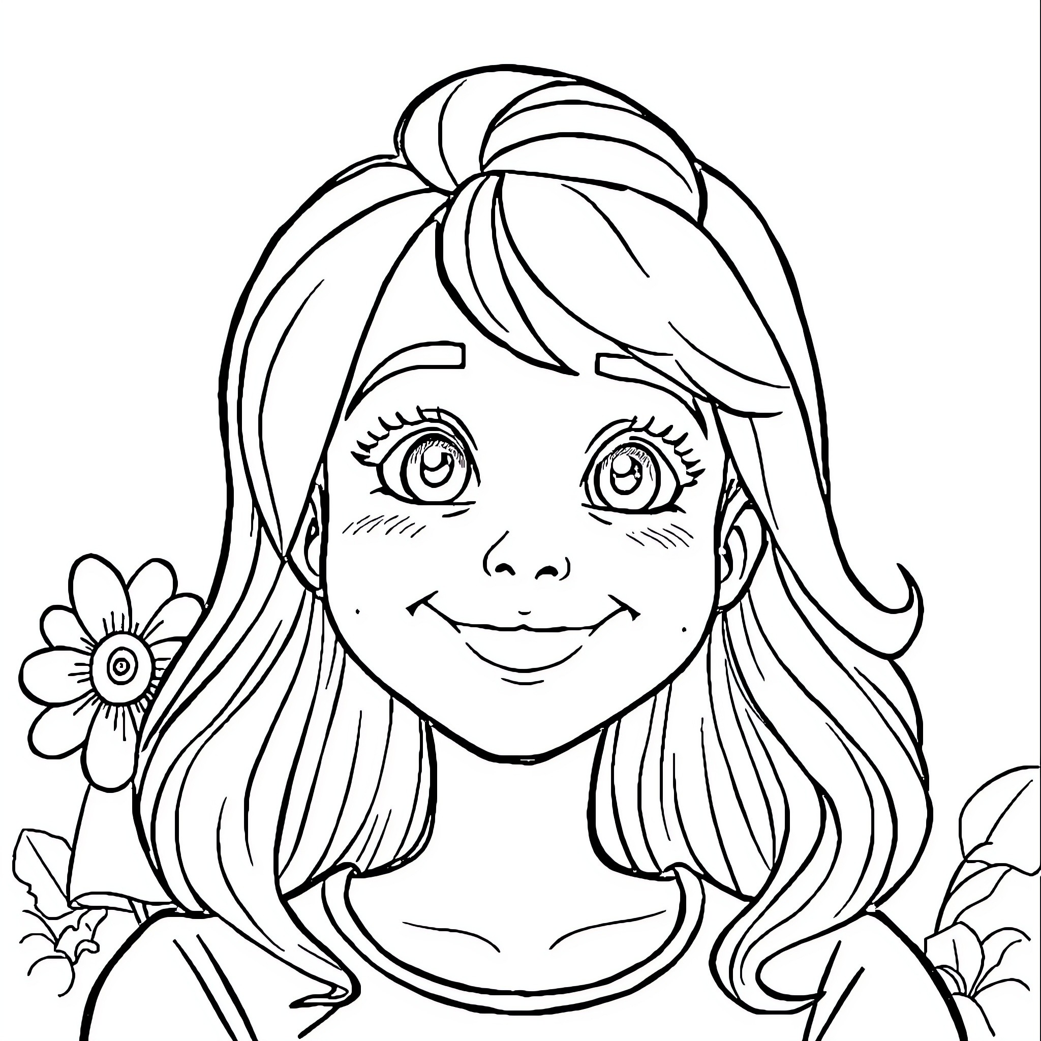 Amy's cheerful expression and floral scene Coloring Page (free black-and-white line drawing printable PDF for all, from beginners to advanced learners, including children, teens, adults, and seniors)