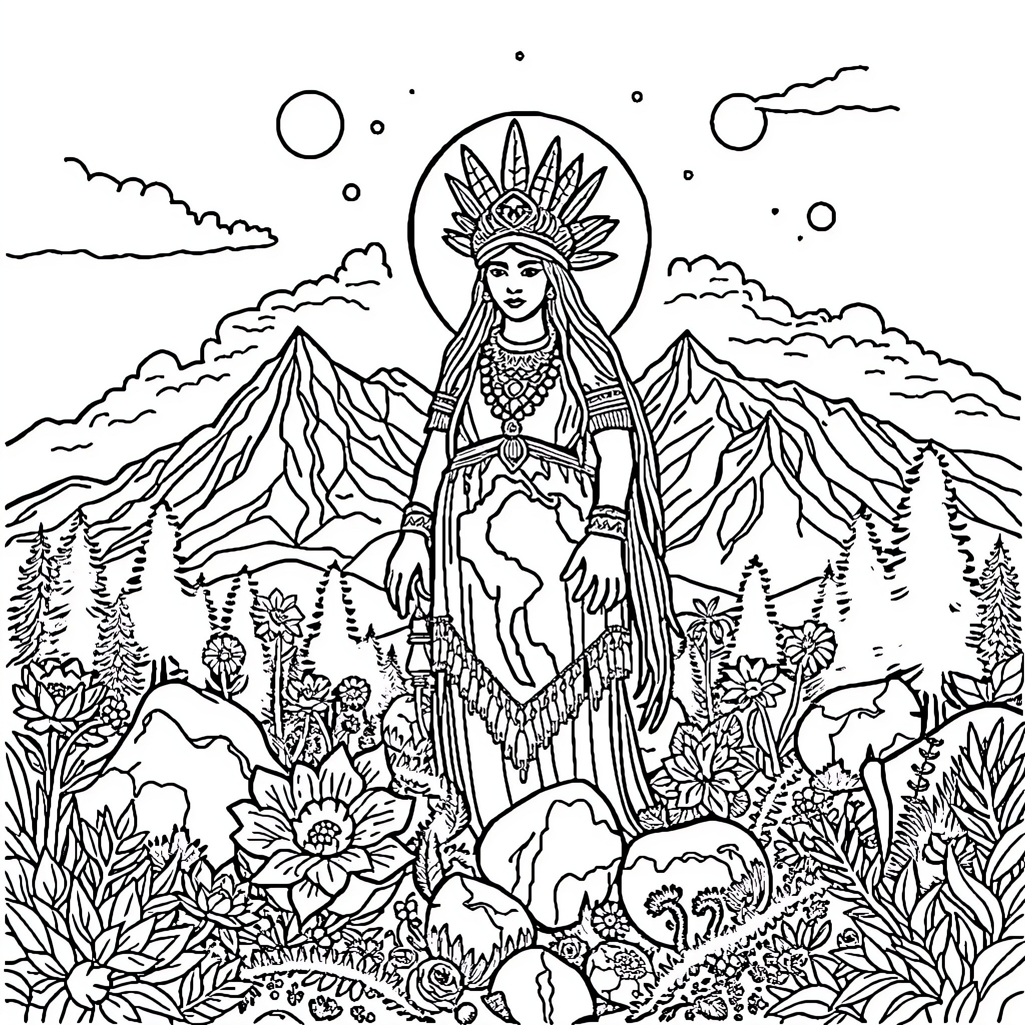 Pachamama, Mother Earth Goddess amid natural splendor Coloring Page (free black-and-white line drawing printable PDF for all, from beginners to advanced learners, including children, teens, adults, and seniors)