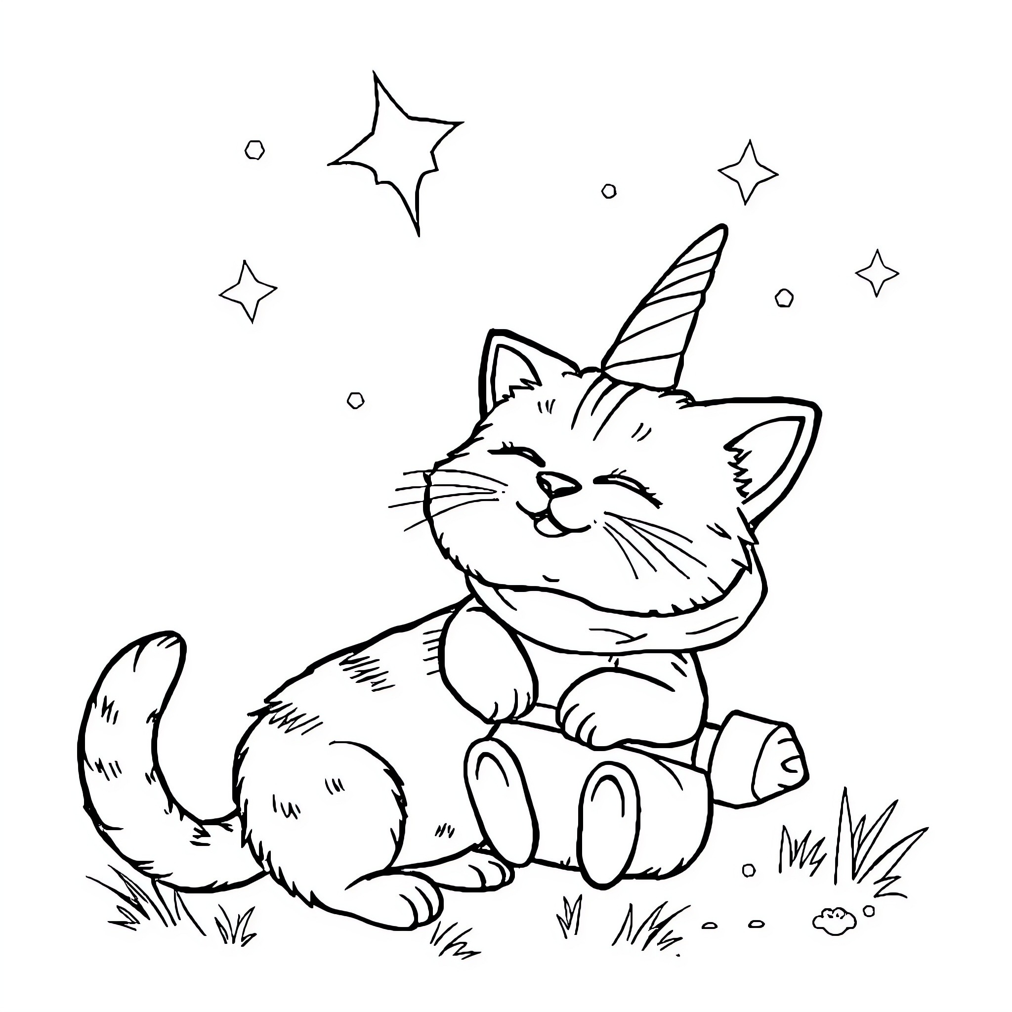 Cat in whimsical unicorn outfit with stars Coloring Page (free black-and-white line drawing printable PDF for all, from beginners to advanced learners, including children, teens, adults, and seniors)