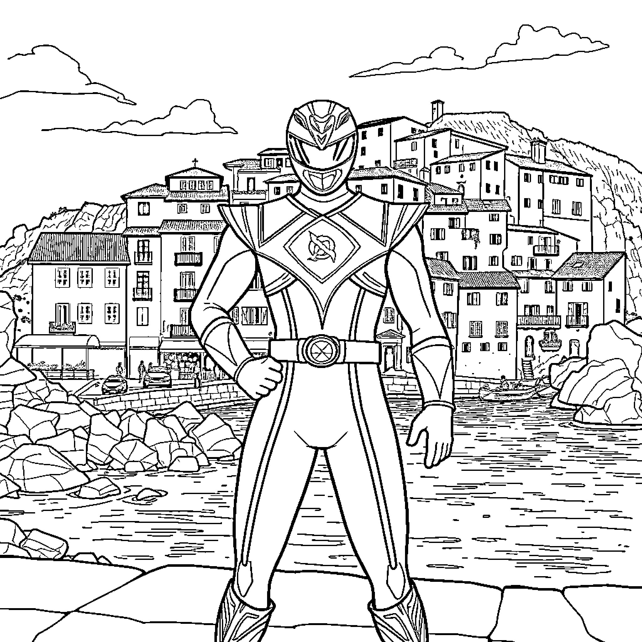 Power Ranger Stands Tall in Scenic Coastal Town Coloring Page (free black-and-white line drawing printable PDF for all, from beginners to advanced learners, including children, teens, adults, and seniors)