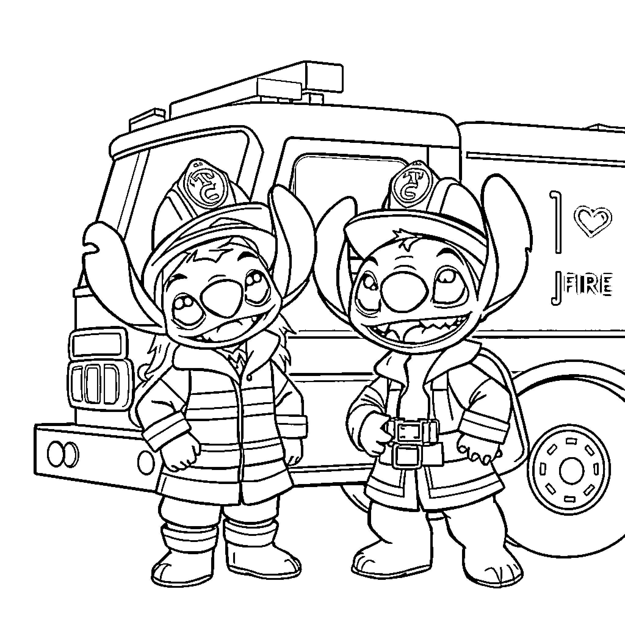 Lilo and Stitch as Firefighters on the Scene Coloring Page (free black-and-white line drawing printable PDF for all, from beginners to advanced learners, including children, teens, adults, and seniors)