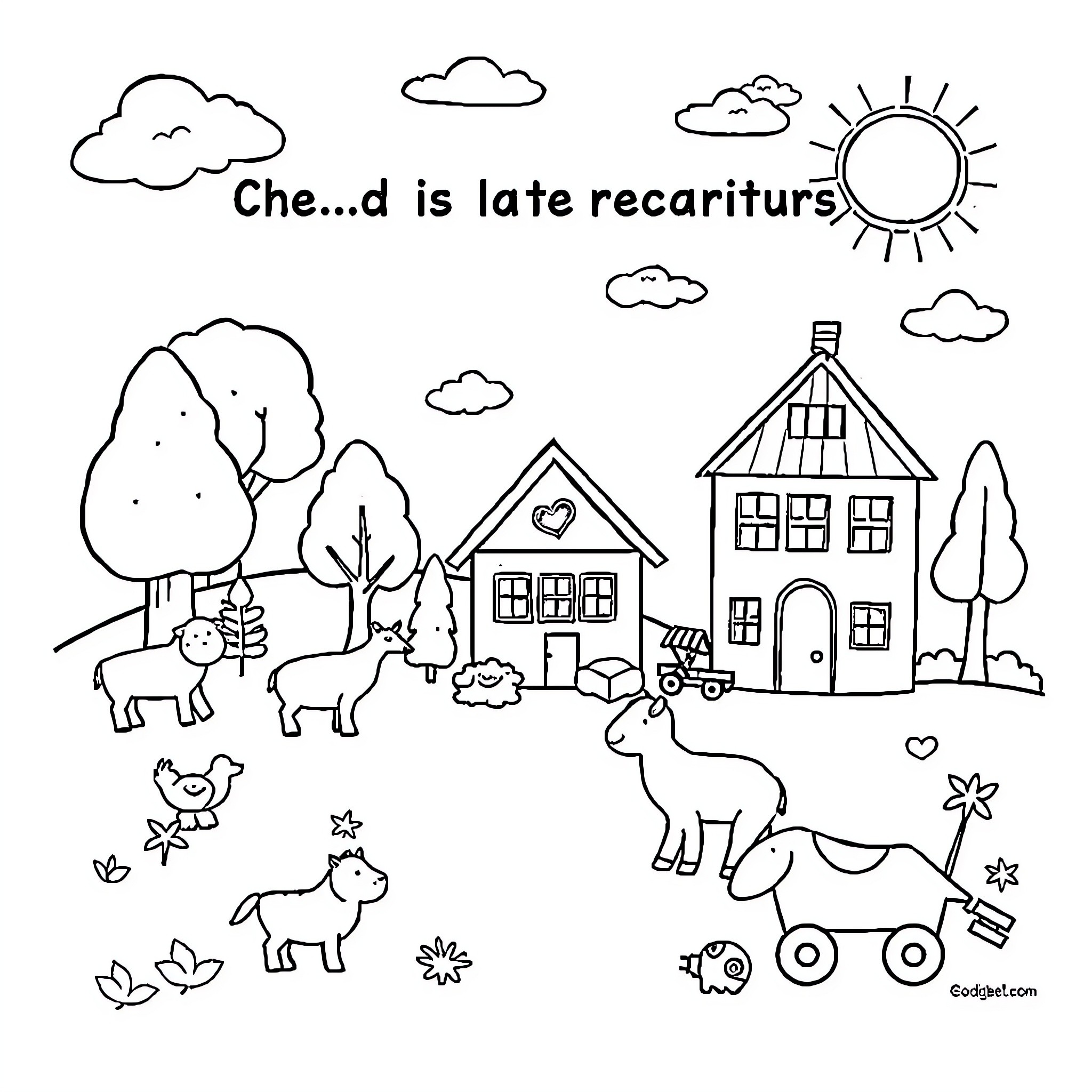 Creation of a Whimsical Rural Landscape Coloring Page (free black-and-white line drawing printable PDF for all, from beginners to advanced learners, including children, teens, adults, and seniors)