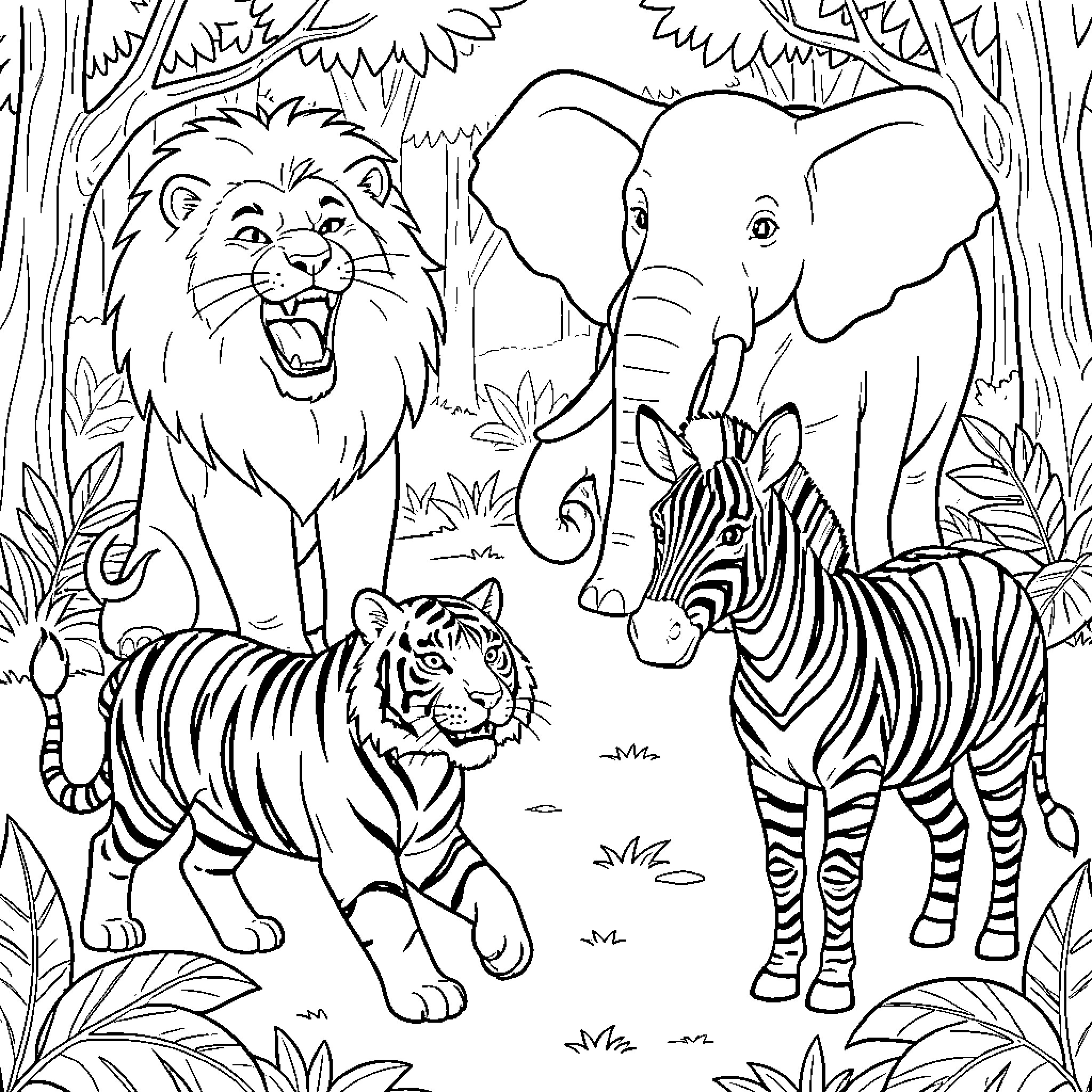 Jungle Animals in the Wild Coloring Page (free black-and-white line drawing printable PDF for all, from beginners to advanced learners, including children, teens, adults, and seniors)