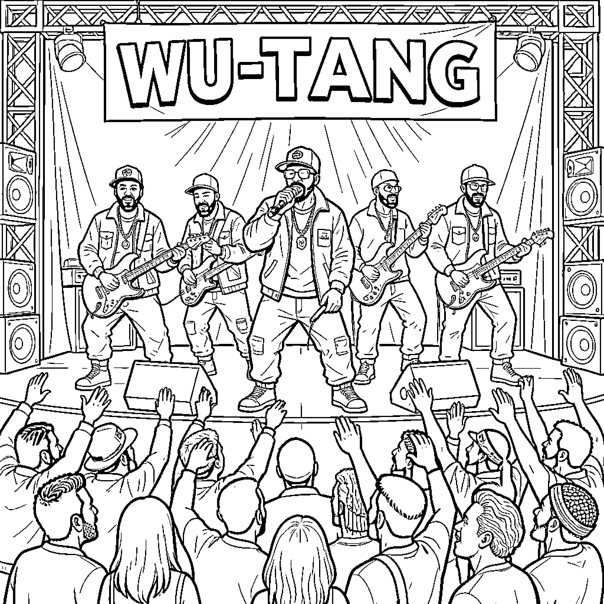 Wu-Tang Clan performing music on stage for a crowd Coloring Page (free black-and-white line drawing printable PDF for all, from beginners to advanced learners, including children, teens, adults, and seniors)