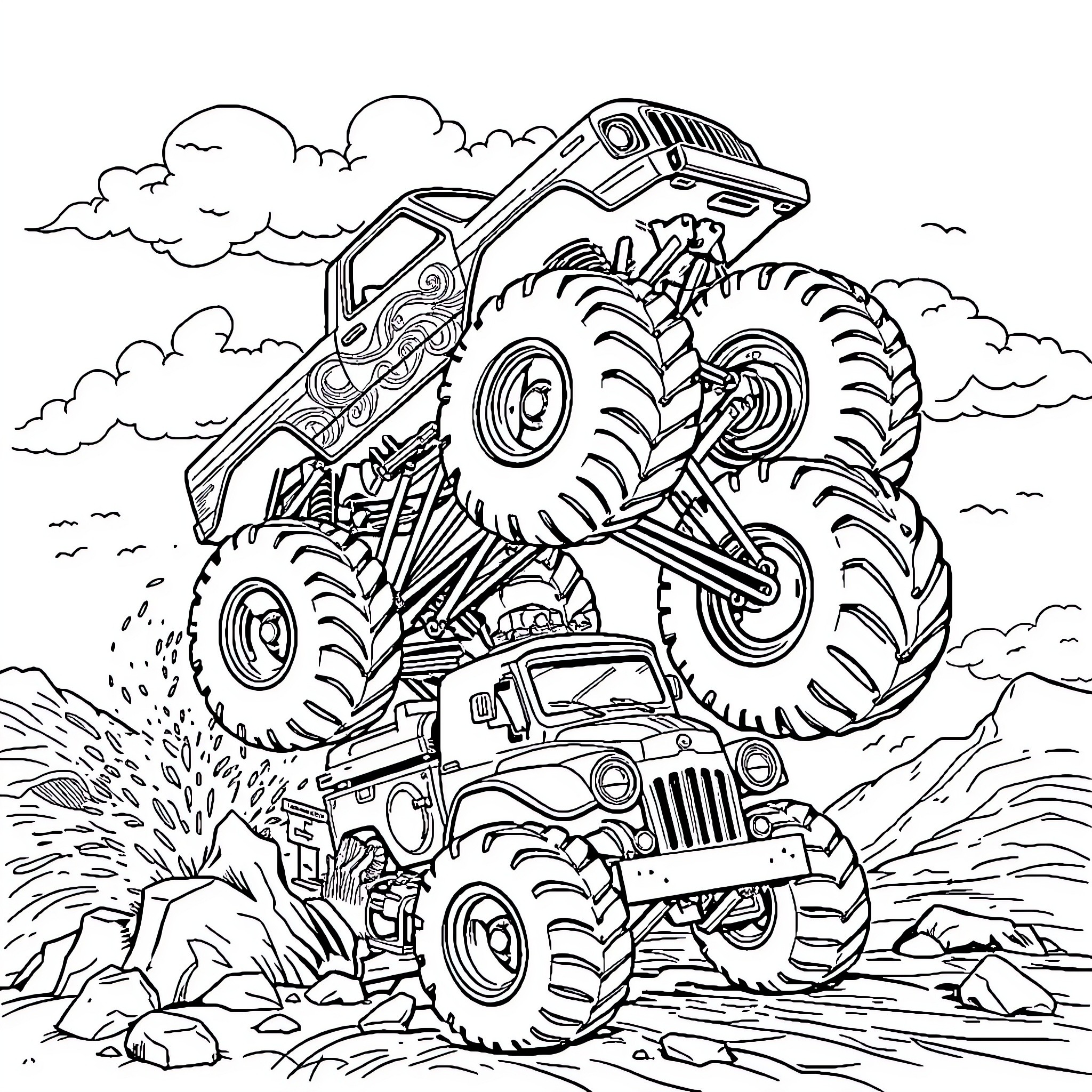 Gravedigger Monster Truck Crushing Cars in the Outdoors Coloring Page (free black-and-white line drawing printable PDF for all, from beginners to advanced learners, including children, teens, adults, and seniors)