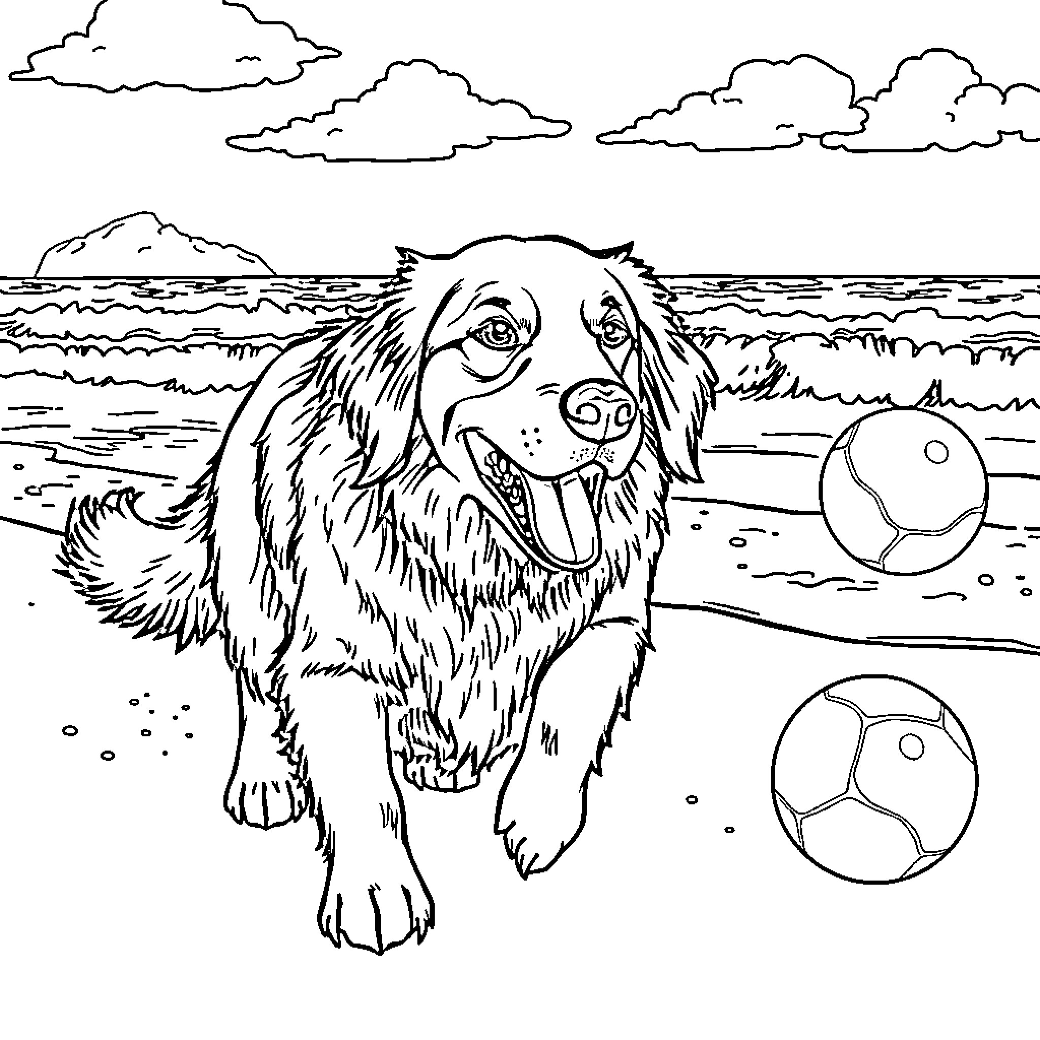 Golden Retriever playing with soccer balls on the beach Coloring Page (free black-and-white line drawing printable PDF for all, from beginners to advanced learners, including children, teens, adults, and seniors)