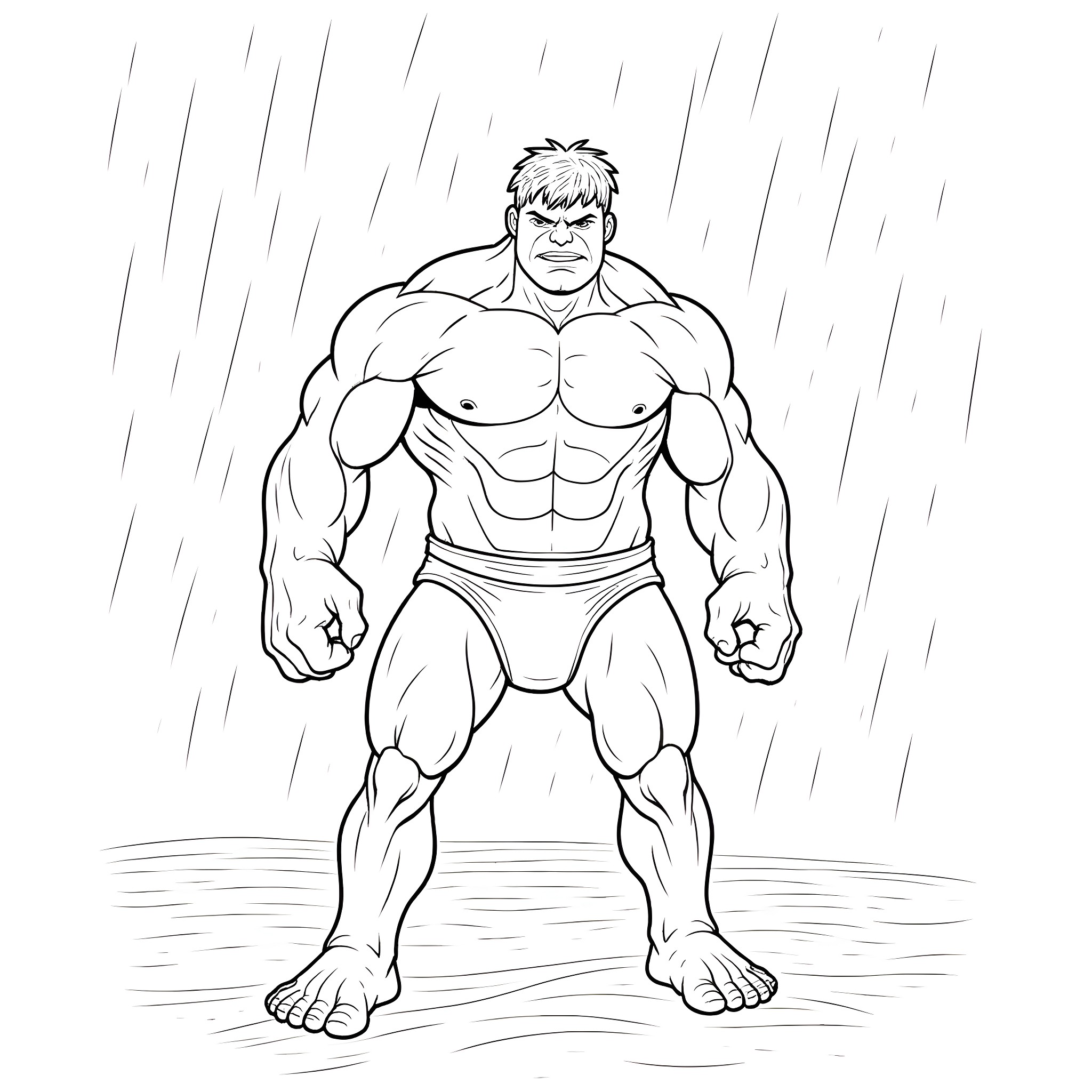 Hulk standing strong in the rain Coloring Page (free black-and-white line drawing printable PDF for all, from beginners to advanced learners, including children, teens, adults, and seniors)