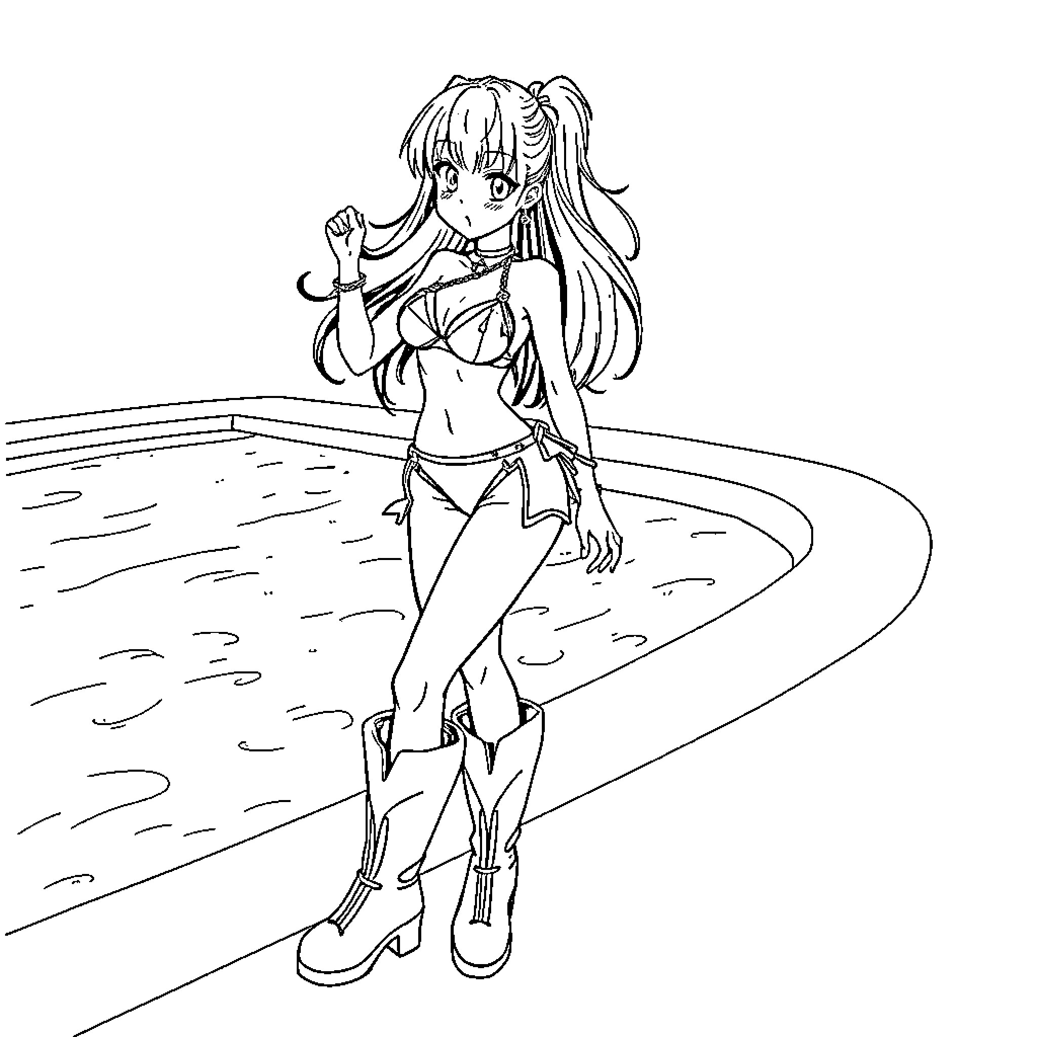 Anime Girl in Casual Outfit Standing on Beach Coloring Page (free black-and-white line drawing printable PDF for all, from beginners to advanced learners, including children, teens, adults, and seniors)