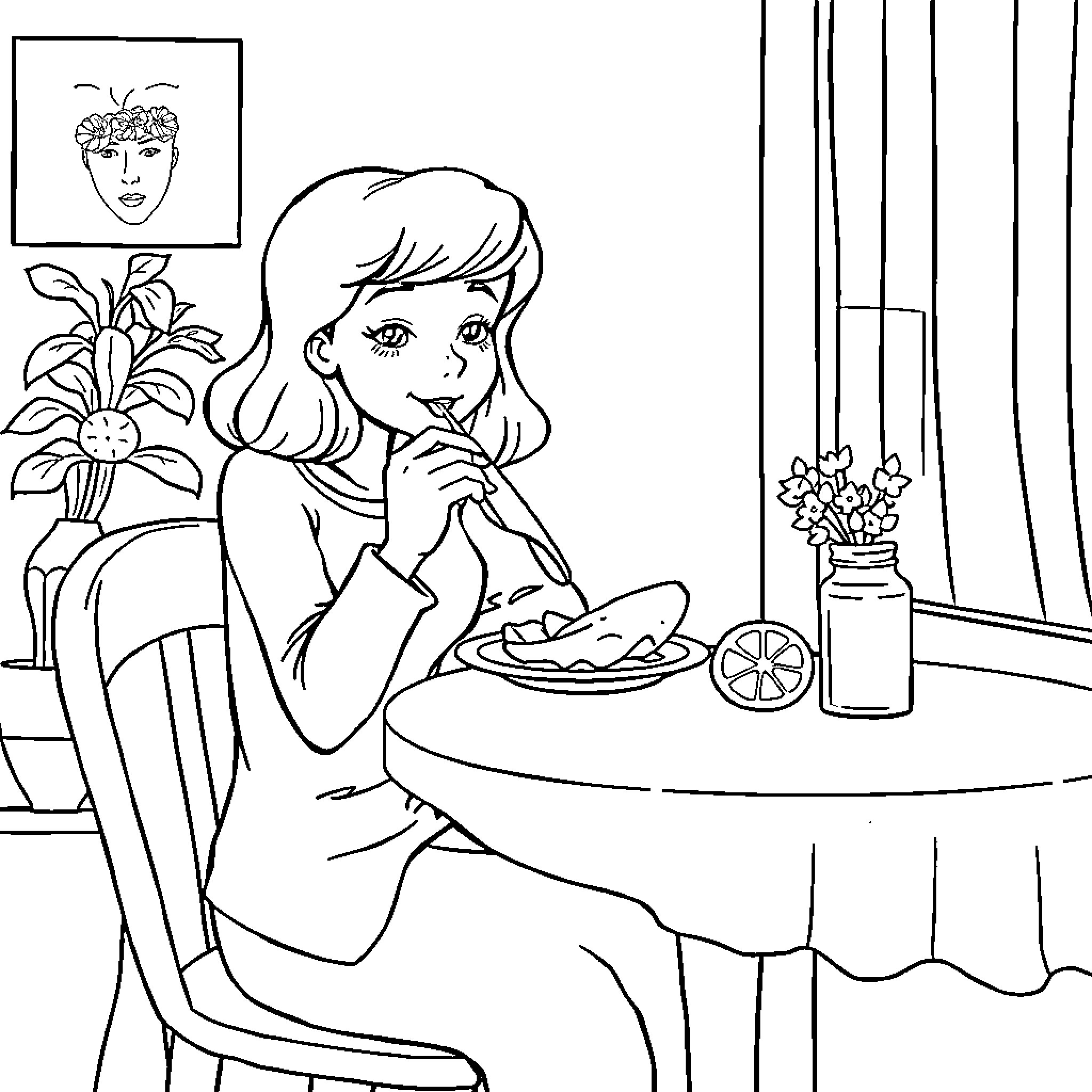 Anne enjoying a meal by the window Coloring Page (free black-and-white line drawing printable PDF for all, from beginners to advanced learners, including children, teens, adults, and seniors)