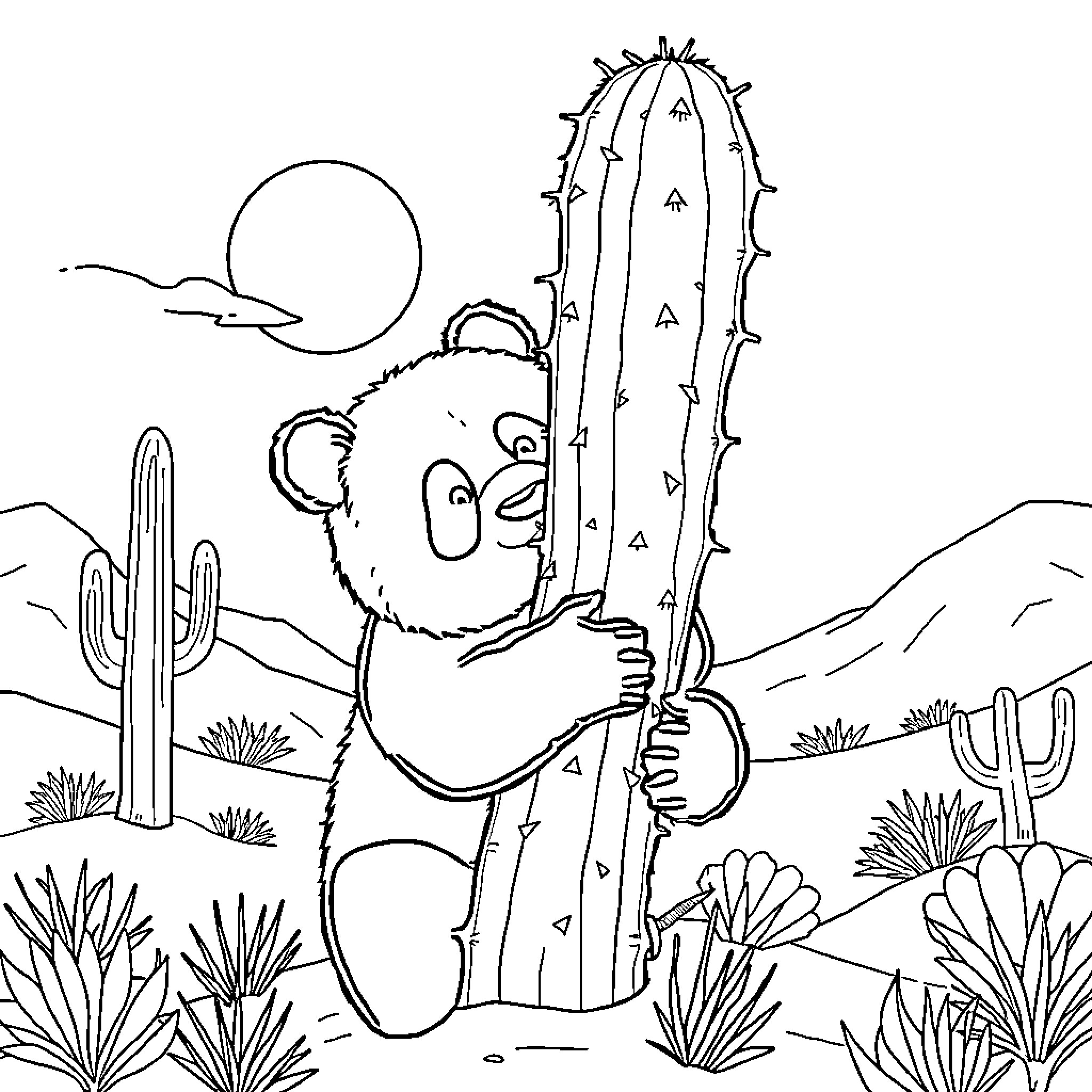 Panda hugging a cactus in a desert landscape Coloring Page (free black-and-white line drawing printable PDF for all, from beginners to advanced learners, including children, teens, adults, and seniors)
