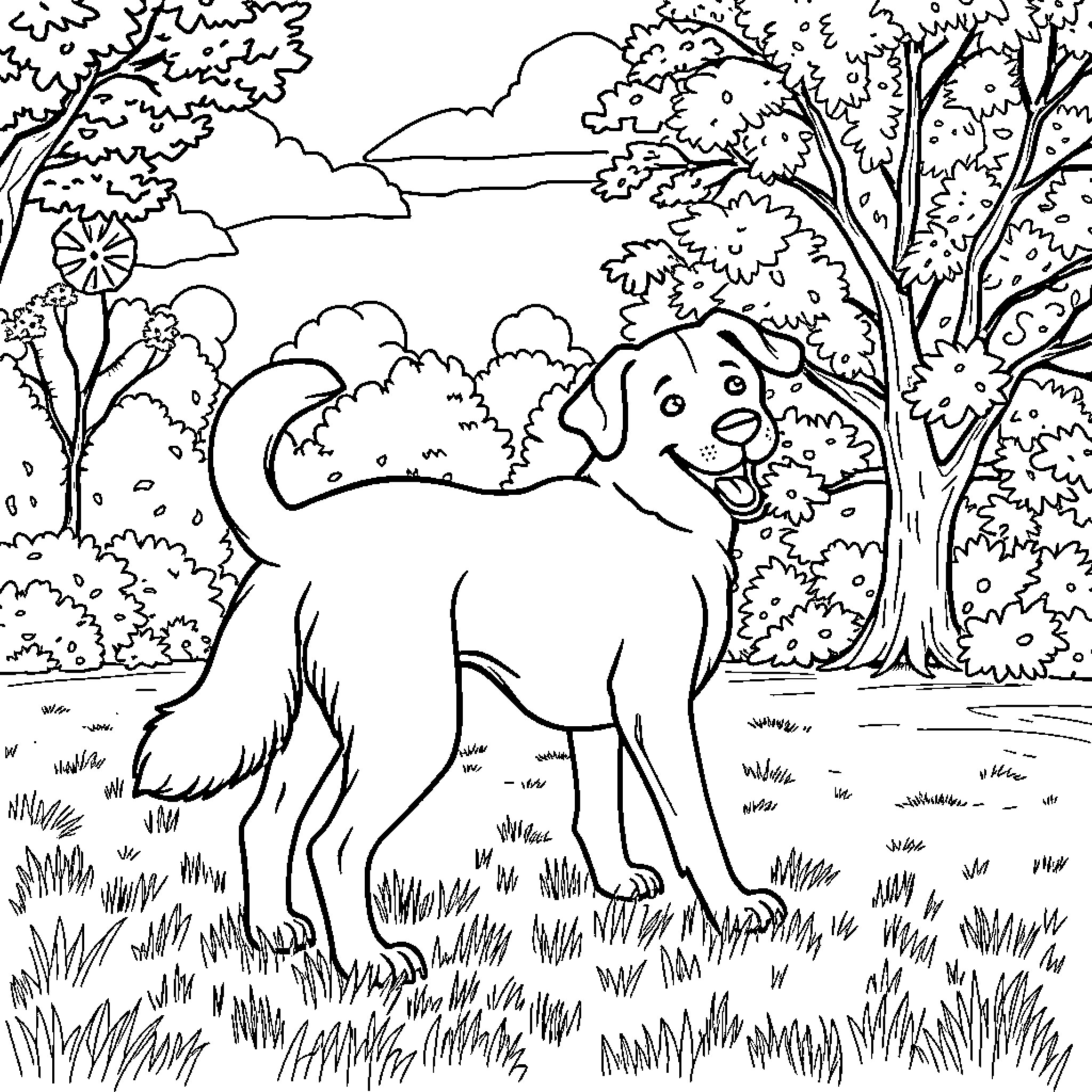 Dog enjoying a sunny day outdoors Coloring Page (free black-and-white line drawing printable PDF for all, from beginners to advanced learners, including children, teens, adults, and seniors)