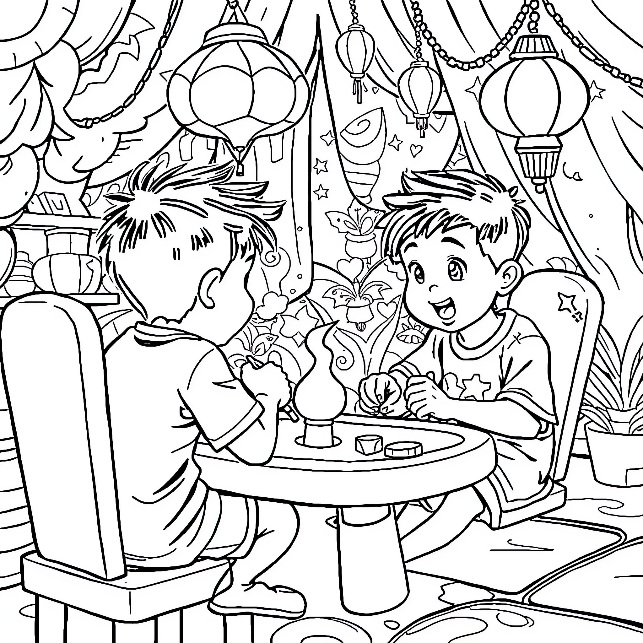 Pumuda Boys Enjoying a Magical Tea Party Coloring Page (free black-and-white line drawing printable PDF for all, from beginners to advanced learners, including children, teens, adults, and seniors)