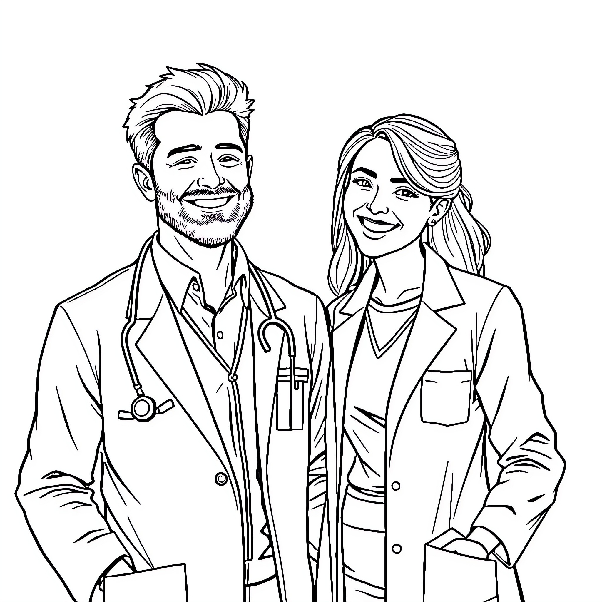 Doctor Couple Sharing a Warm Smile Coloring Page (free black-and-white line drawing printable PDF for all, from beginners to advanced learners, including children, teens, adults, and seniors)